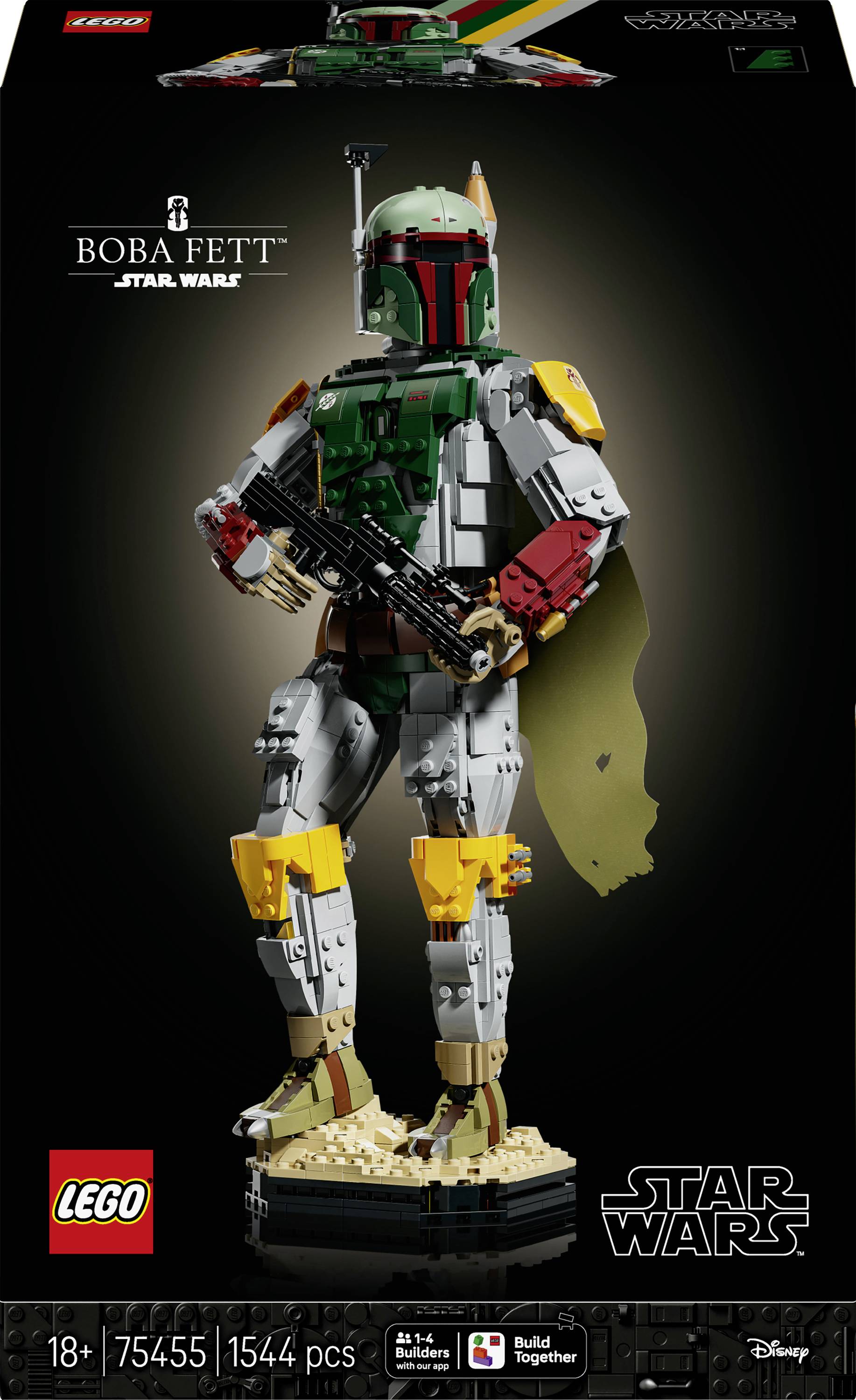 LEGO Star Wars sada Boba Fett s obalem zobrazujícím figurku Boba Fetta postavenou z cihel na podstavci, s detaily sady 75455, 1544 dílků a věková kategorie 18+.
