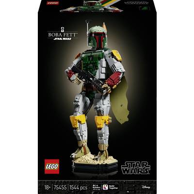 LEGO Star Wars sada Boba Fett s obalem zobrazujícím figurku Boba Fetta postavenou z cihel na podstavci, s detaily sady 75455, 1544 dílků a věková kategorie 18+.