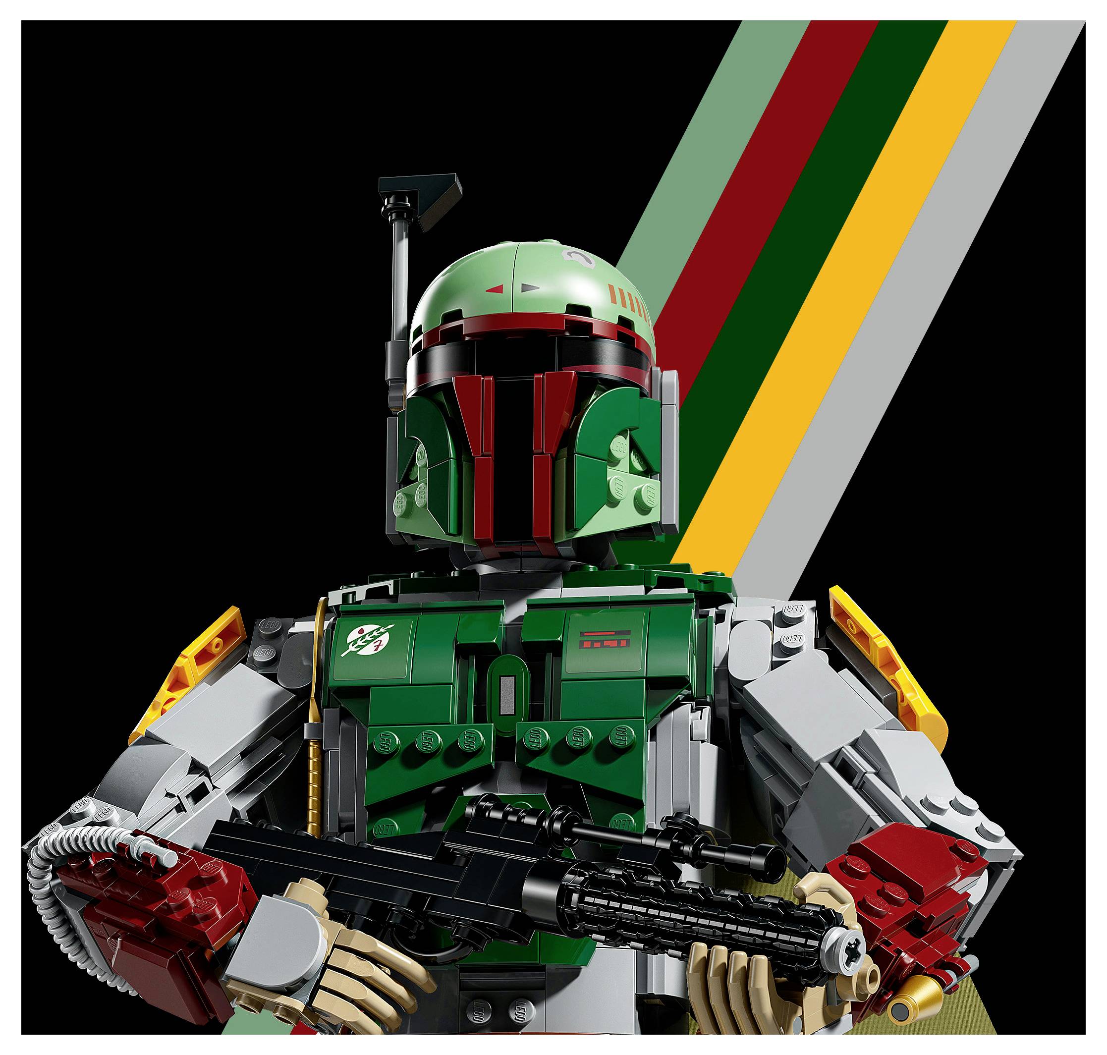Minifigurka LEGO Boba Fetta držící puškový laser, pozicionovaná proti černému pozadí s diagonálními červenými, žlutými, bílými a zelenými pruhy.