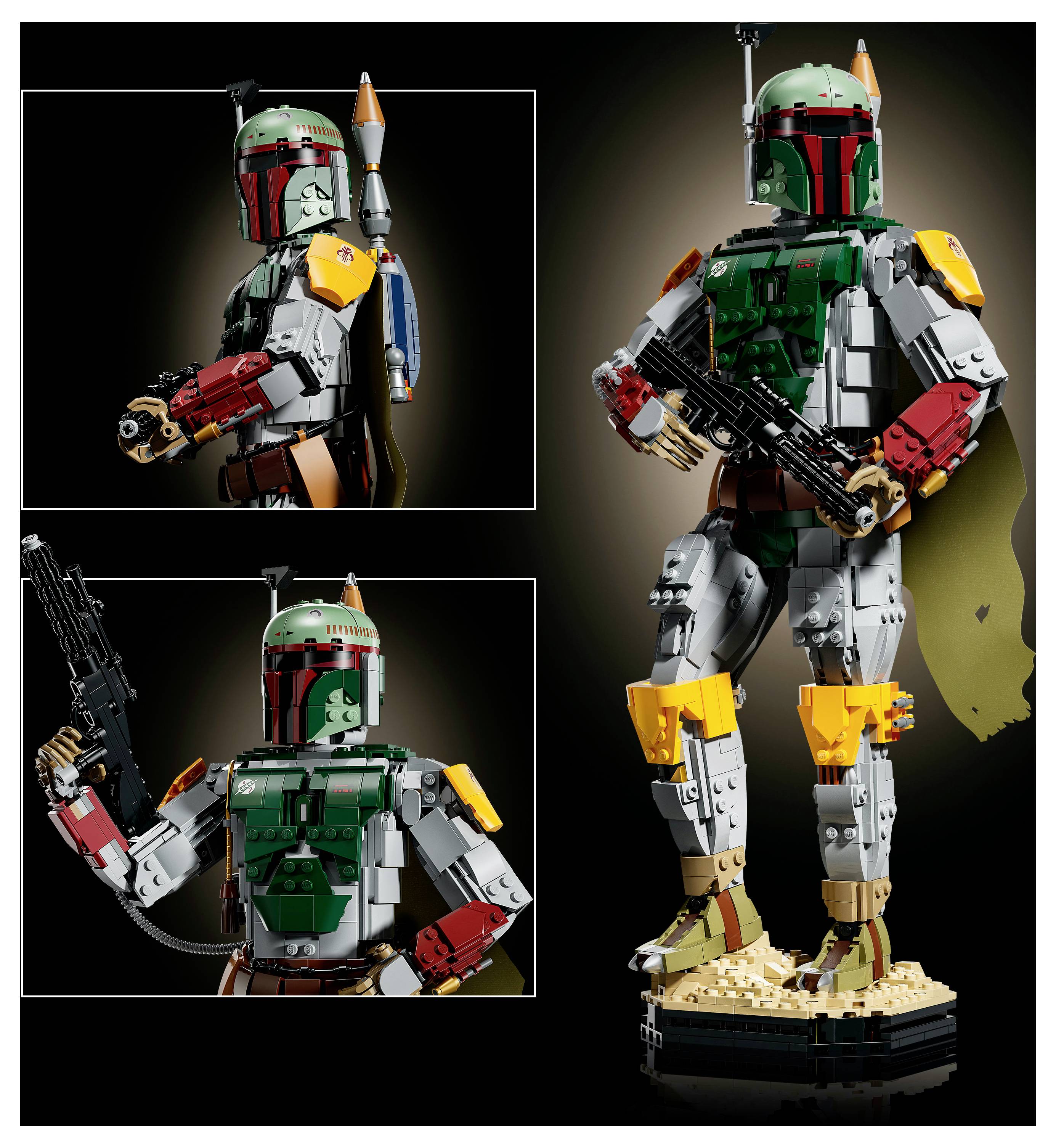 Figurka Boba Fetta ve stylu Lego zobrazená ze tří pohledů: dva detailní snímky vlevo a póza v plné výšce s blasterem vpravo.
