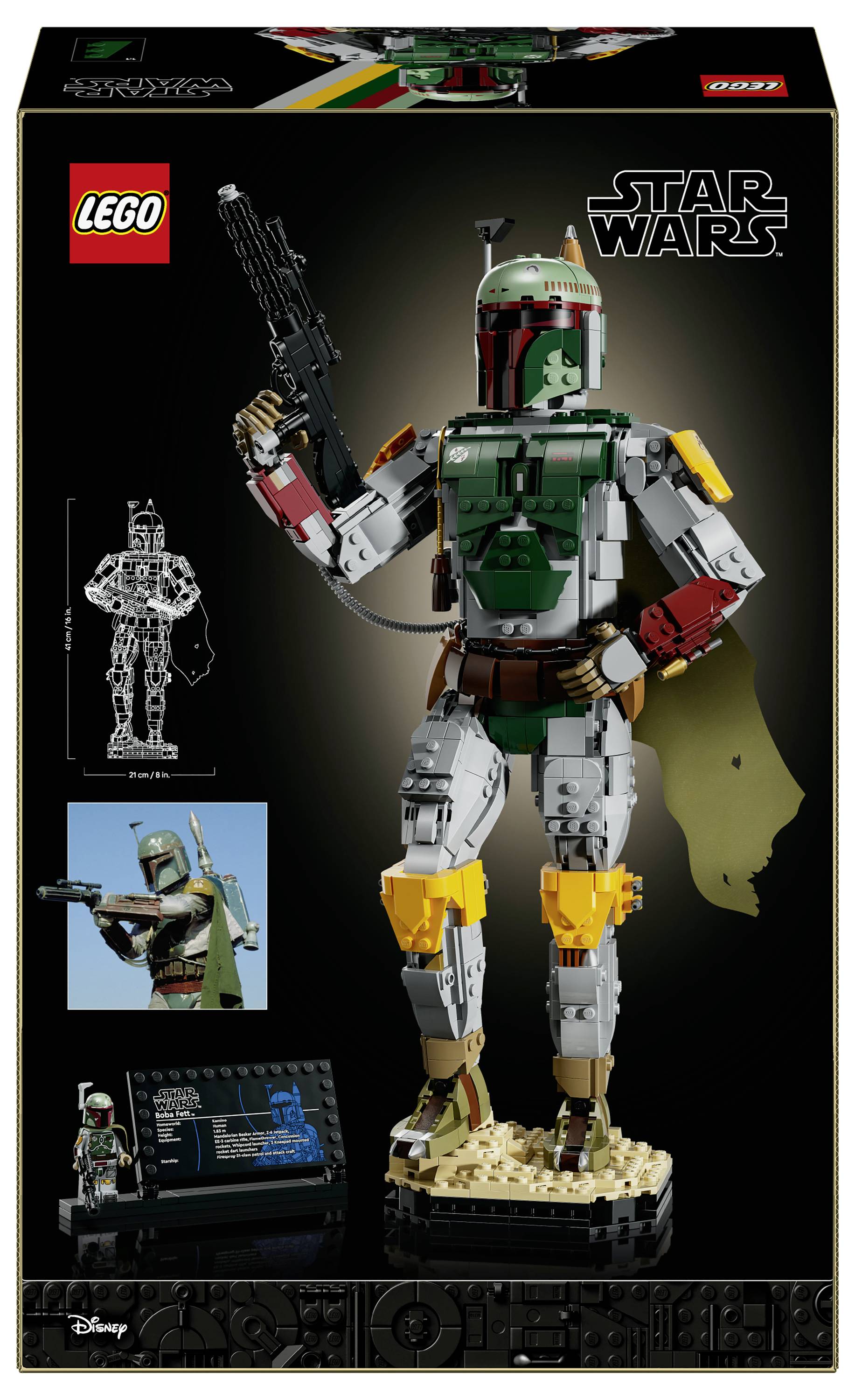 LEGO Star Wars sada Boba Fett s obalem zobrazujícím velkou stavitelnou figurku Boba Fetta s blasterem a malými vloženými obrázky modelu a informačního štítku.
