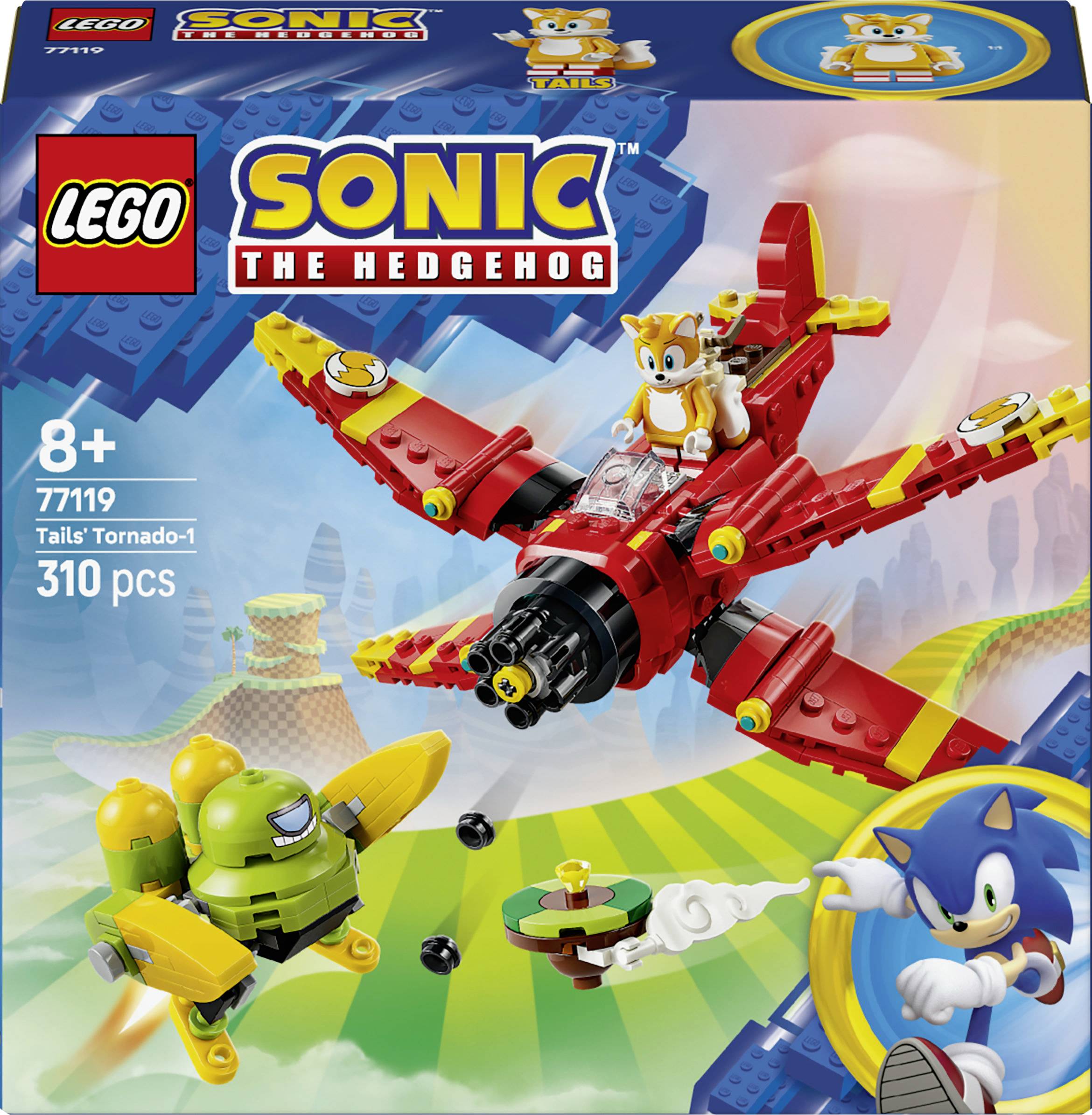 Krabice sady LEGO Sonic Ježek Tailsovo letadlo Tornado, zobrazující Tailse létajícího v červeném letadle a Sonica dole; 310 dílků, věk 8+.
