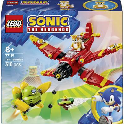 Krabice sady LEGO Sonic Ježek Tailsovo letadlo Tornado, zobrazující Tailse létajícího v červeném letadle a Sonica dole; 310 dílků, věk 8+.