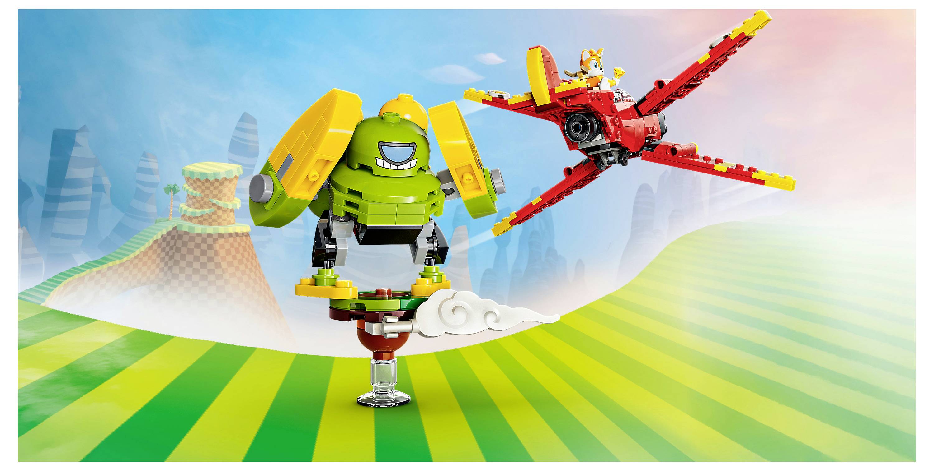 LEGO-stylový zelený robot vyrovnávající se na jedné noze, zatímco se vedle něj vznáší červený pták nad pruhovanou zelenou krajinou s mraky a horami.