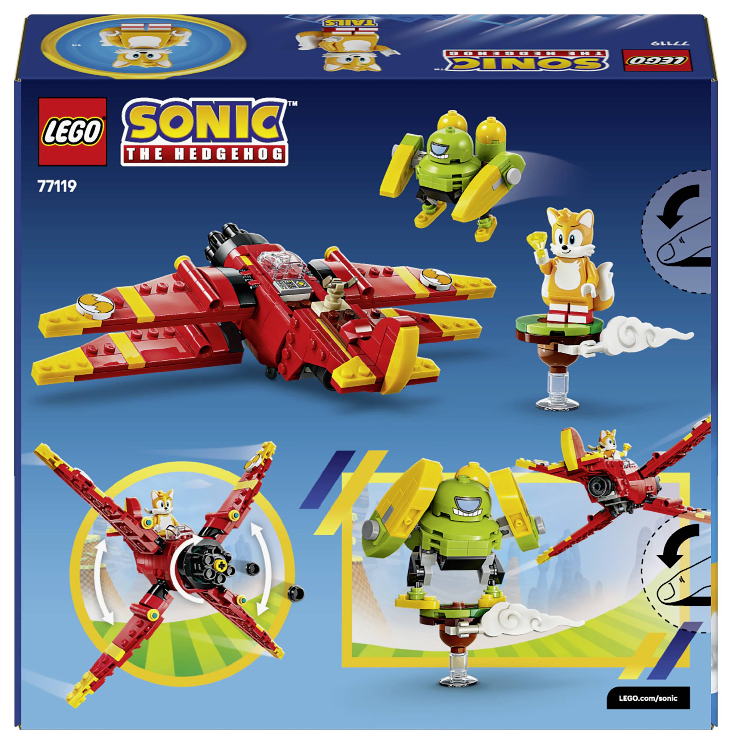 LEGO Sonic the Hedgehog sada s krabicí zobrazující červené a žluté letadlo, Tailse a zeleného robotického figurku s herními funkcemi a obrázky staveb.