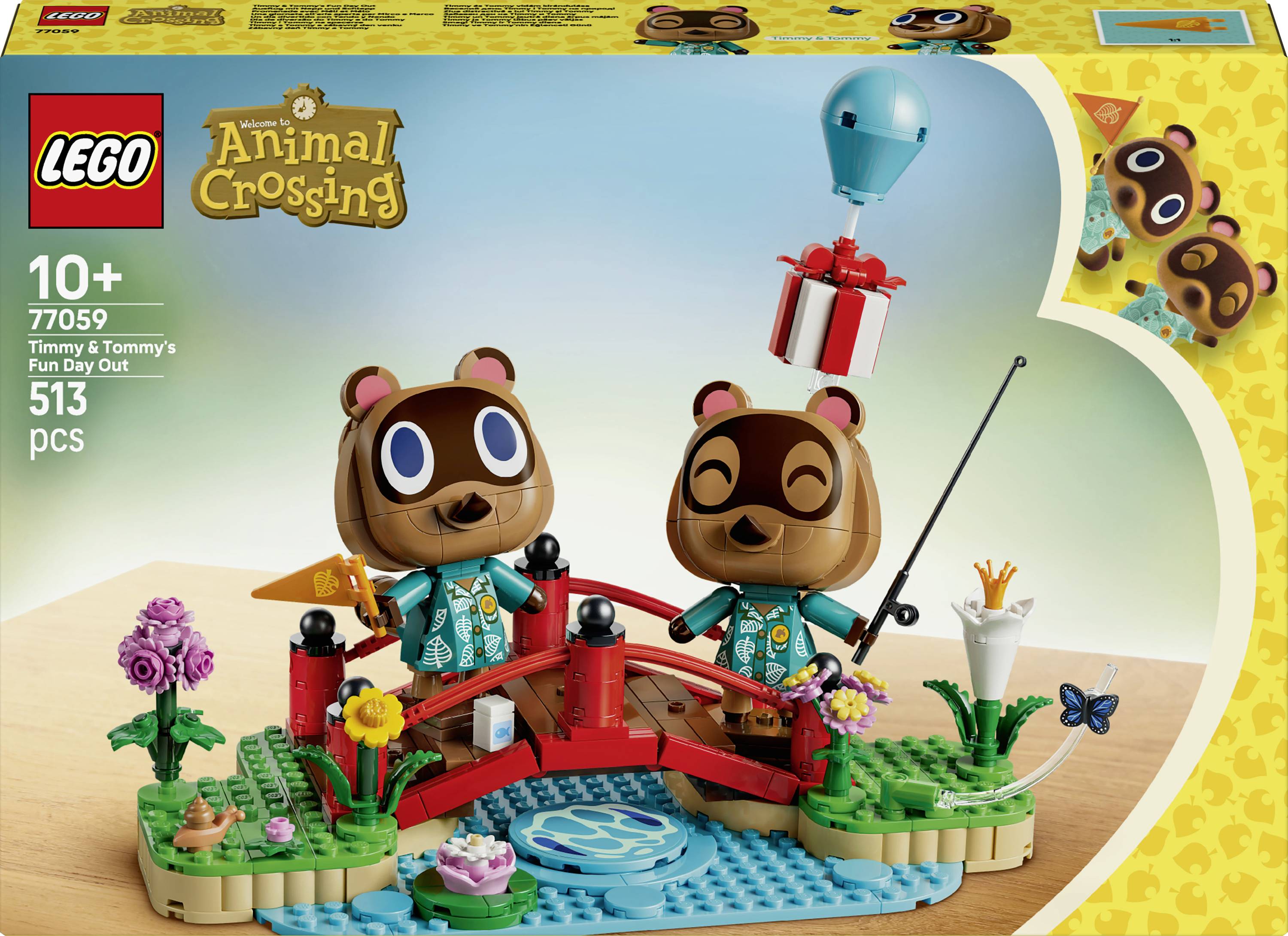 Krabicové umění sady LEGO Animal Crossing pro "Timmy and Tommy's Nook's Cranny", věk 10+, 77050, 513 dílků, zobrazující dvě zvířecí minifigurky na červeném mostě s dárkem v podobě balónu.