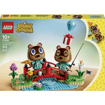 Krabicové umění sady LEGO Animal Crossing pro "Timmy and Tommy's Nook's Cranny", věk 10+, 77050, 513 dílků, zobrazující dvě zvířecí minifigurky na červeném mostě s dárkem v podobě balónu.