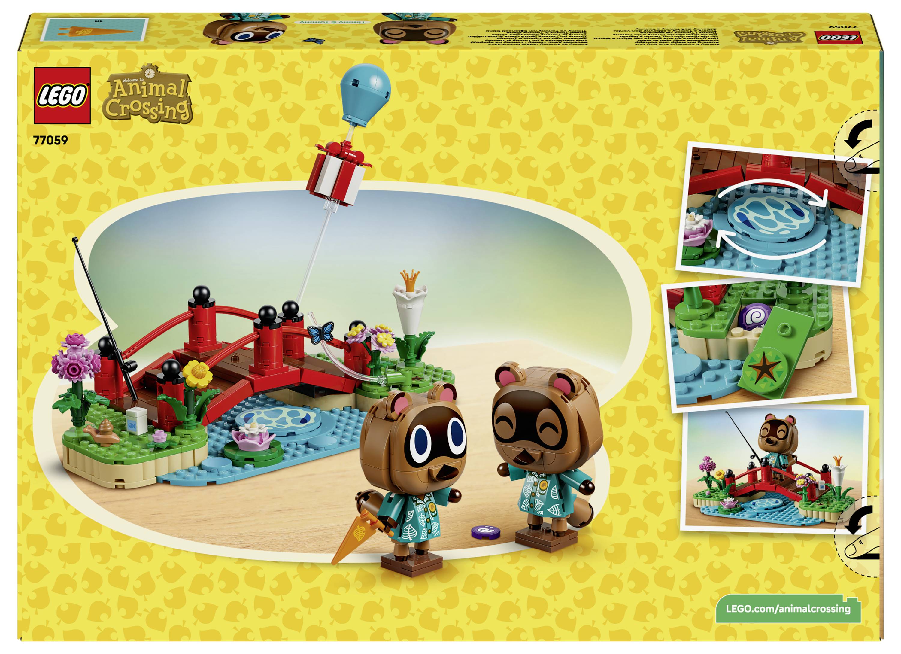 Krabice LEGO Animal Crossing sada 77059 zobrazující dva minifigurky tanukiho vedle červeného mostu, potoka, květin a dárkového balónu