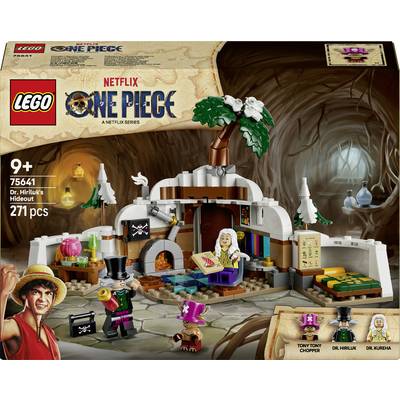 LEGO One Piece Skrýš Dr. Hiriluka sada s obalem krabice ukazující stavbu, s 271 kusy pro věk 9+ a třemi minifigurkami: Tony Tony Chopper, Dr. Hiriluk a Dr. Kureha.
