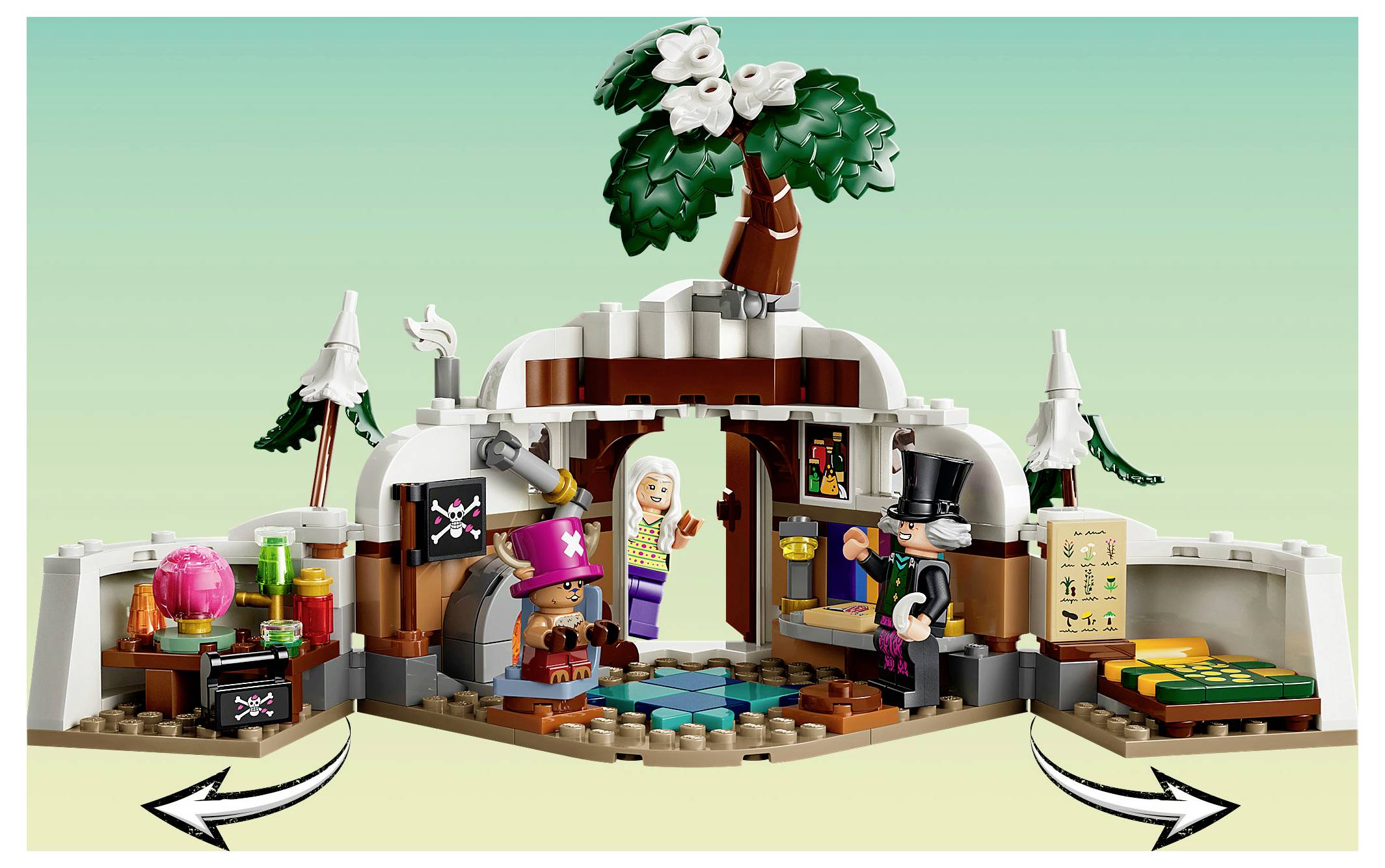 LEGO-stylový fantasy herní set do pokoje se třemi minifigurkami, střechou z palmy, truhlem s pokladem, postelí a šipkami naznačujícími, že se set otevírá nebo rozšiřuje.