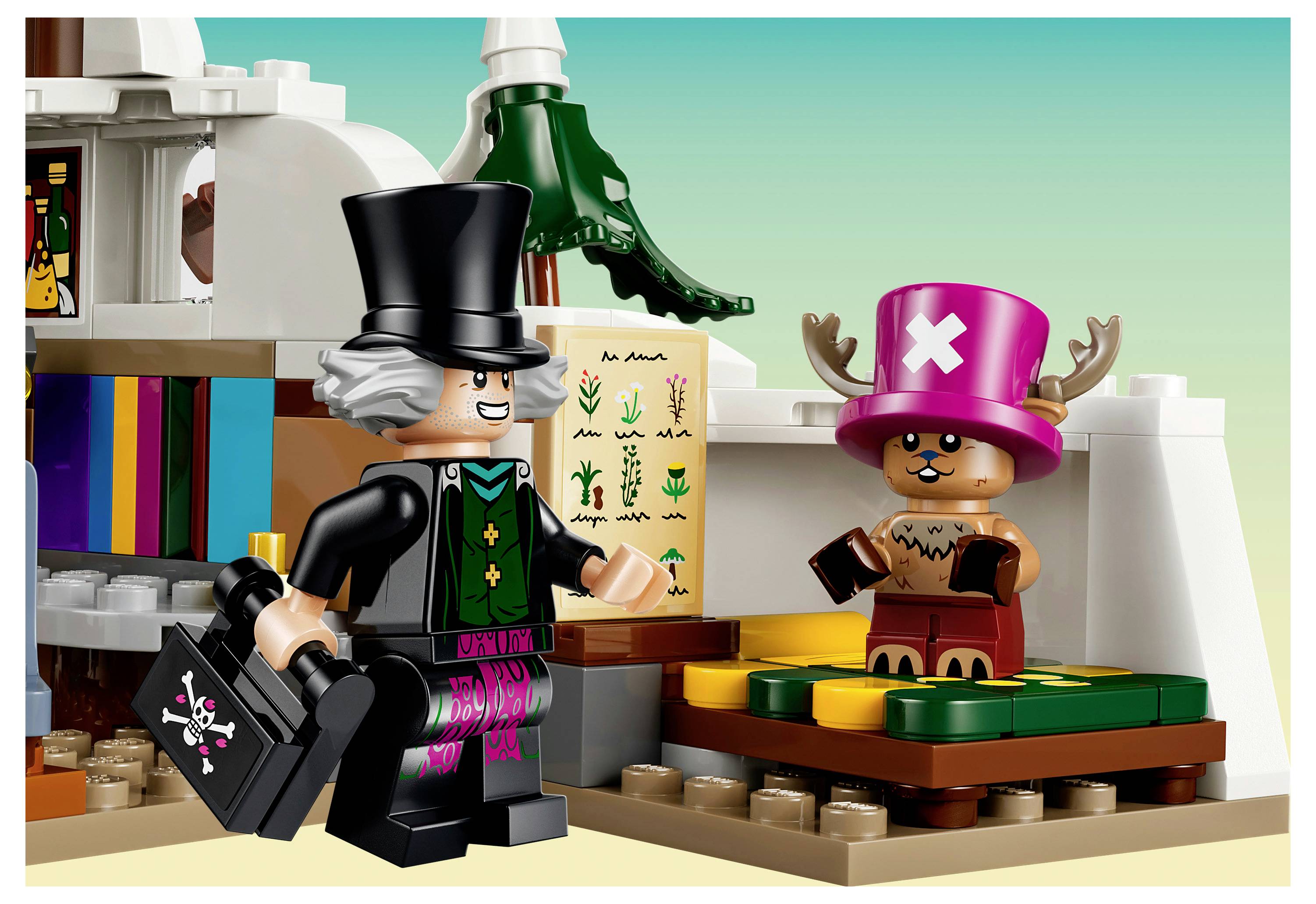 Dva LEGO figurky na barevné palubě lodi: usmívající se figurka v cylindru s lebkou v kufříku čelí malé postavě v růžovém klobouku s bílým X.