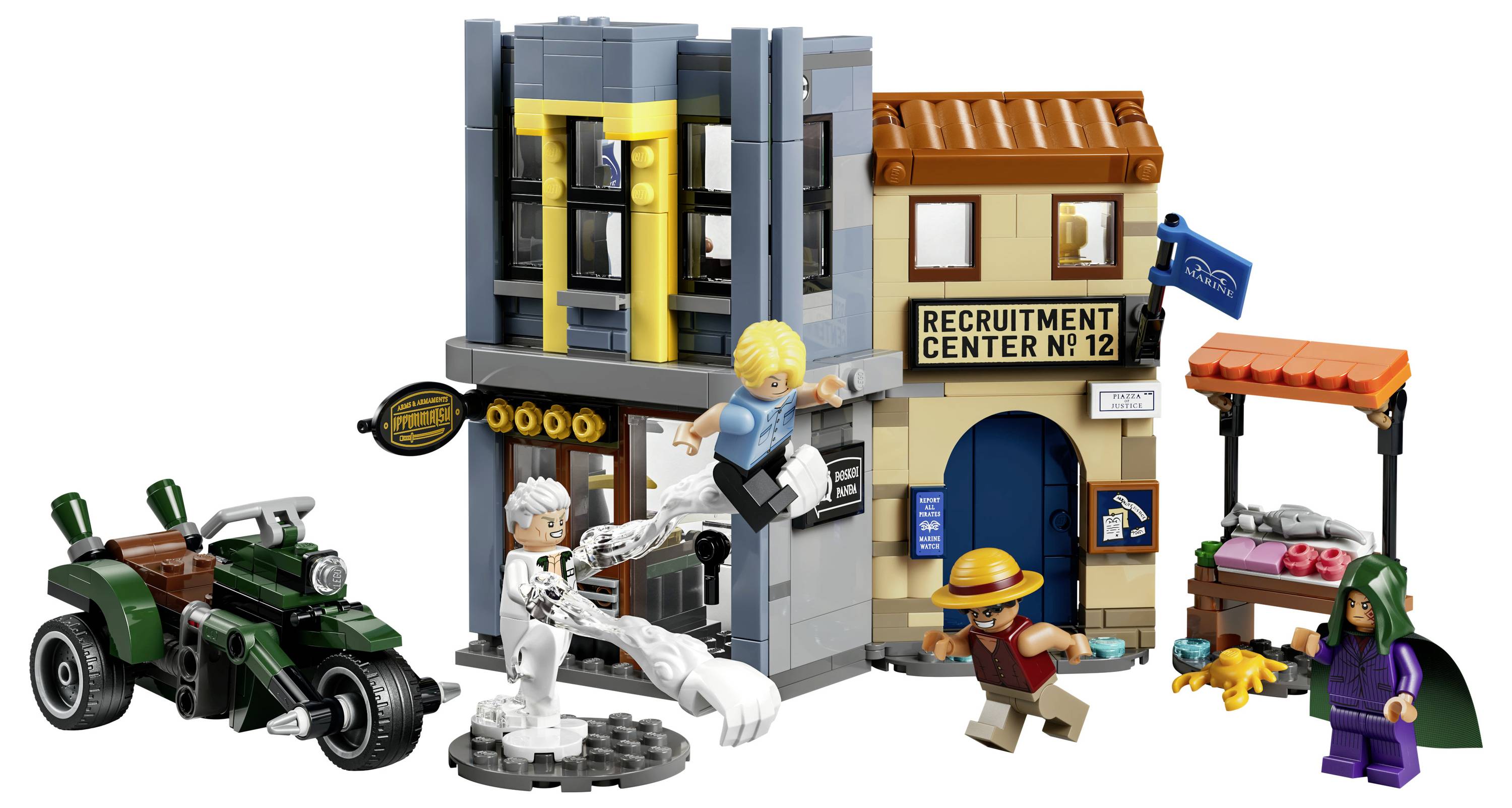 Scéna z LEGO města s budovou nábor centra, autem, motocyklem a několika miniaturkami LEGO postav pozovaných kolem ní.