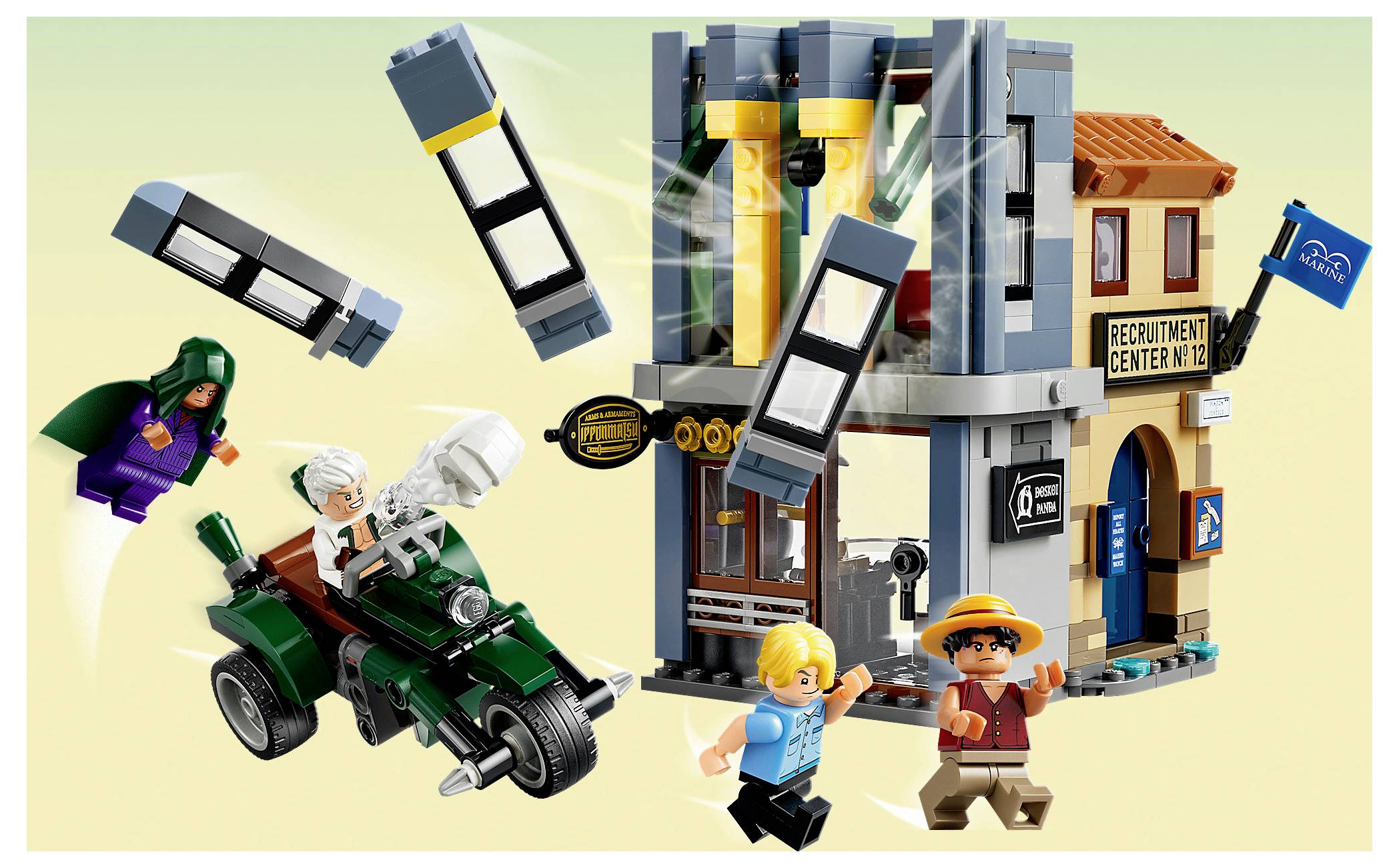 LEGO scéna s letecím pronásledováním se zeleným motocyklem, minifigurkami a budovou "Rekrutačního centra" zasaženou explodujícími panely.