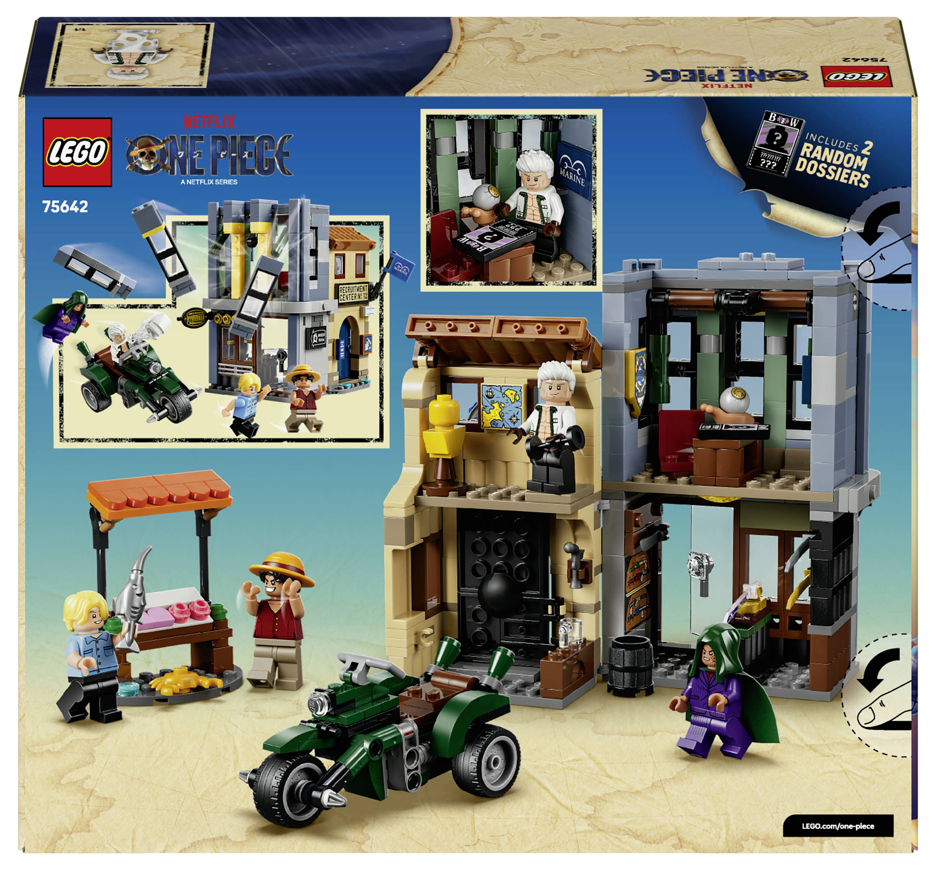 LEGO Sada One Piece s krabicí zobrazující detailní scénu s pirátskou tématikou se stavebnicí, miniaturními figurkami, vozidly a značkou "Obsahuje 2 náhodné spisy".