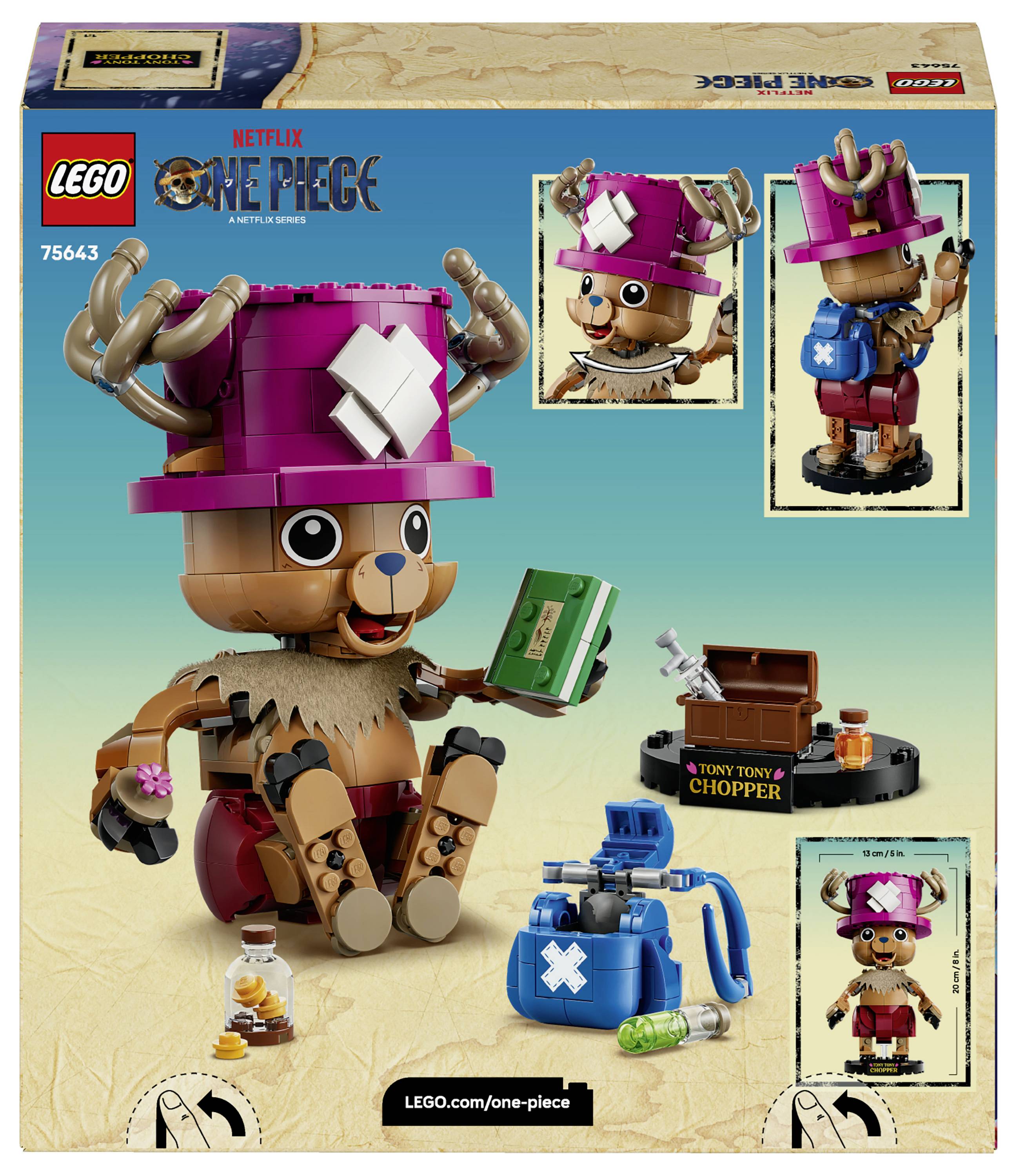 Umělecká práce boxu sady LEGO Netflix One Piece Tony Tony Chopper zobrazující postavenou figurku, příslušenství a malé obrázky pozic.