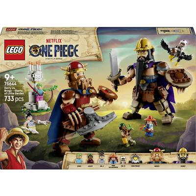 LEGO One Piece sada s obalem zobrazujícím obří pirátské postavy Dorryho a Brogyho, menší figurky posádky Klobouka ze slámy a na balení "9+" a "733 ks".