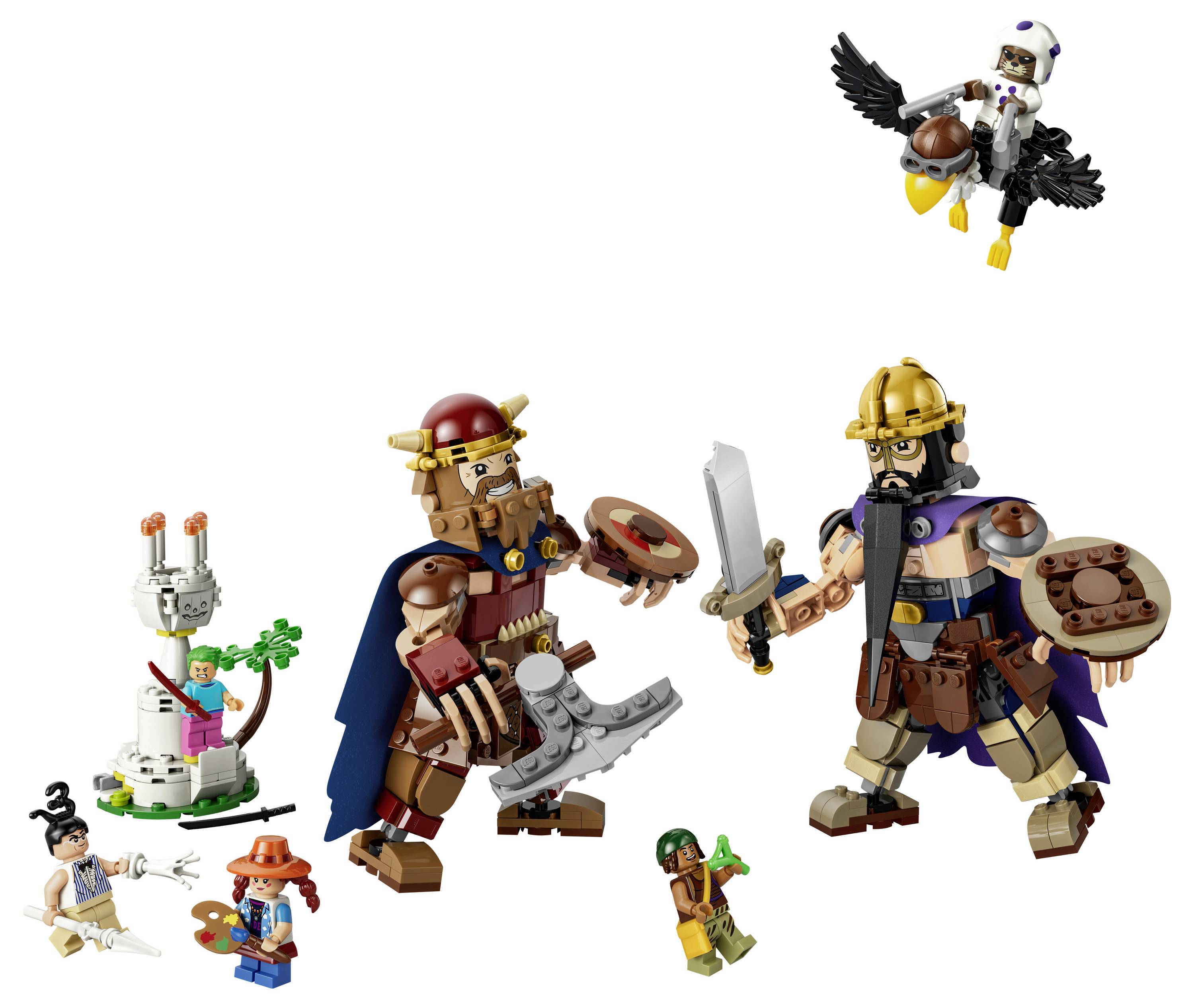 LEGO scéna v souladu s Fantasy se dvěma ozbrojenci v zbroji, létajícím jezdcem a několika malými minifigurkami na bílém pozadí.