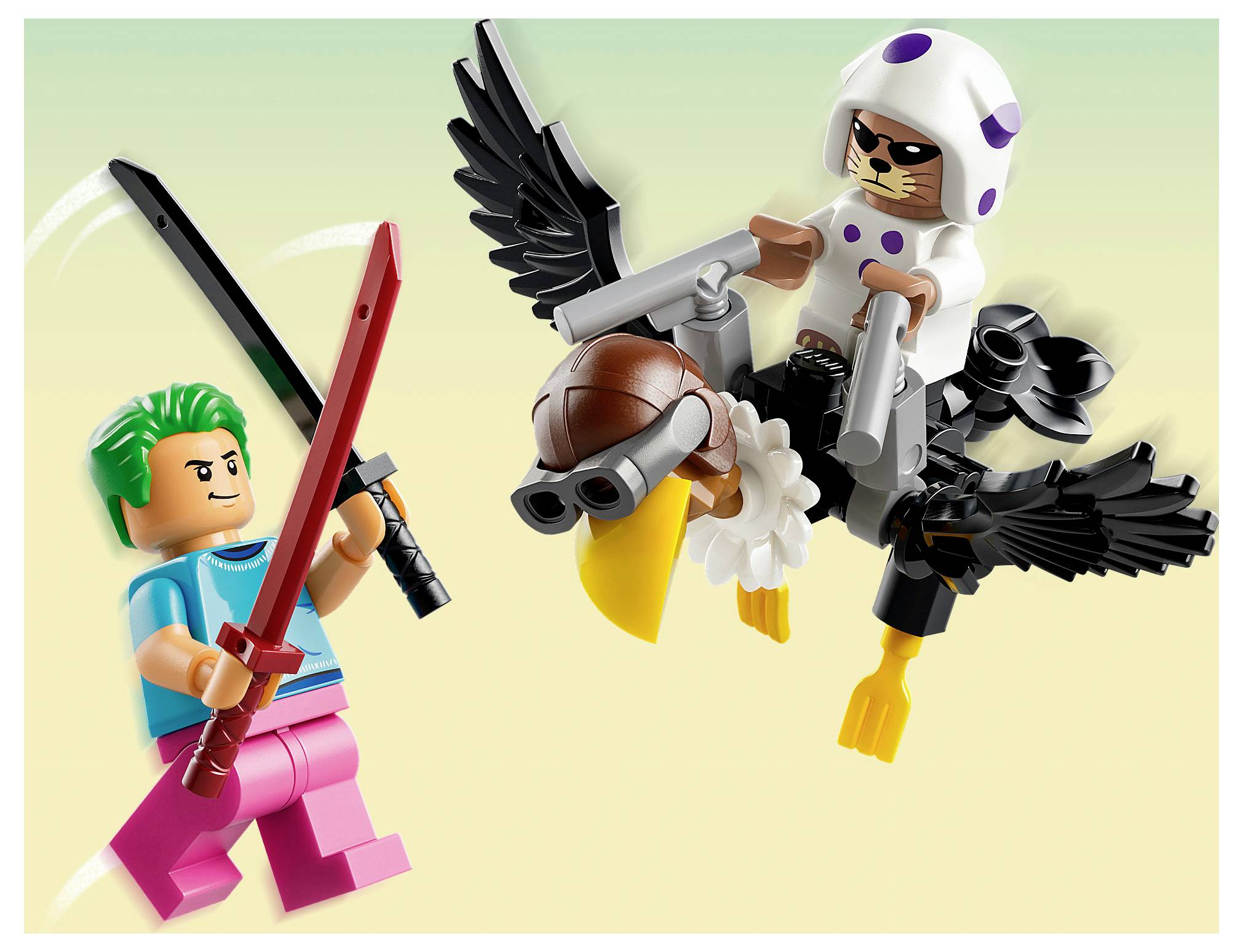 LEGO-stylová scéna zelenohleného postavy s červeným a černým mečem čelící dvěma postavám v kostýmech ptáků s křídly v leteckém souboji.
