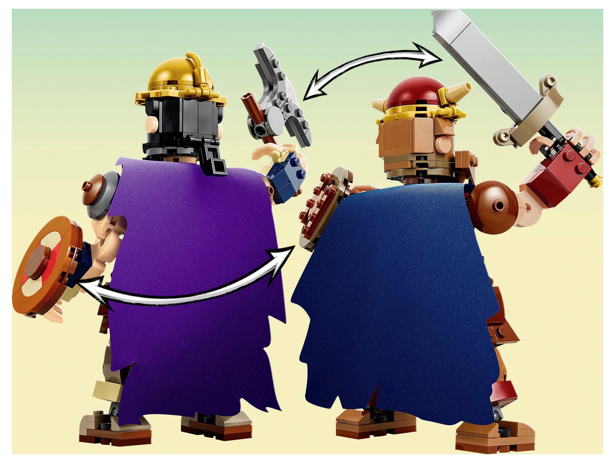 Dvě figurky vojenských jednotek ve stylu LEGO si stojí zády k sobě, jedna se mečem a druhá se štítem a čepelí, propojené zakřivenými šipkami naznačujícími výměnu nebo záměnu.
