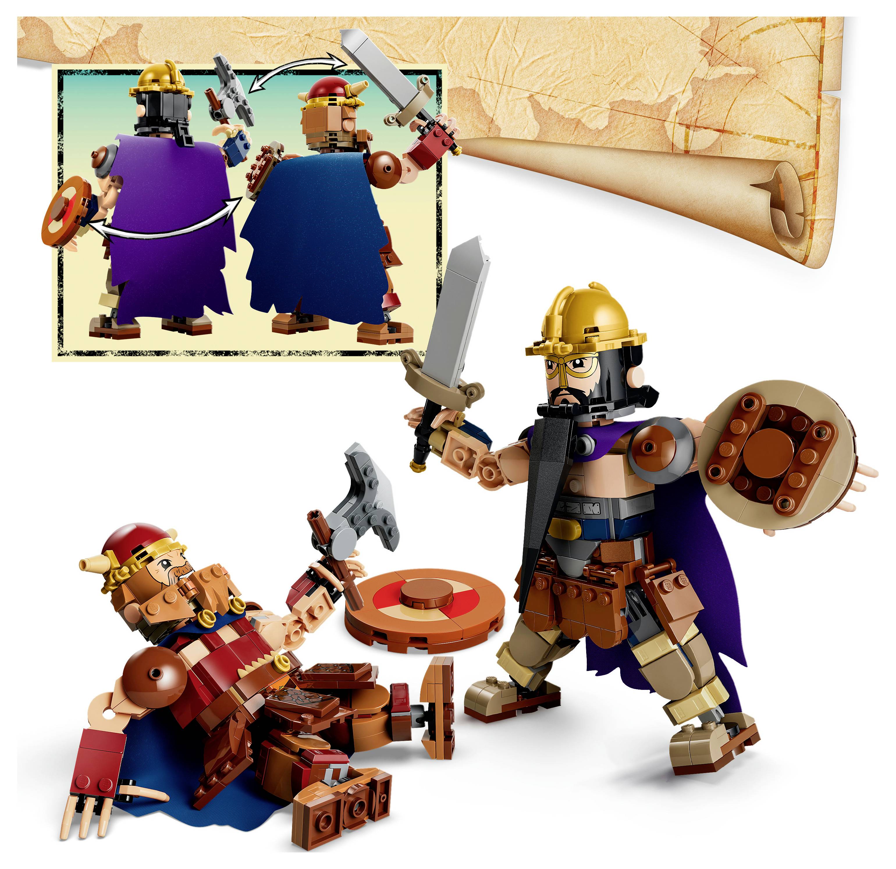 Rytíři ve stylu LEGO se střetávají v souboji: jeden stojí a drží meč a štít, zatímco druhý ustupuje se sekerou; vložený obrázek ukazuje přední a zadní pohled na rytíře.