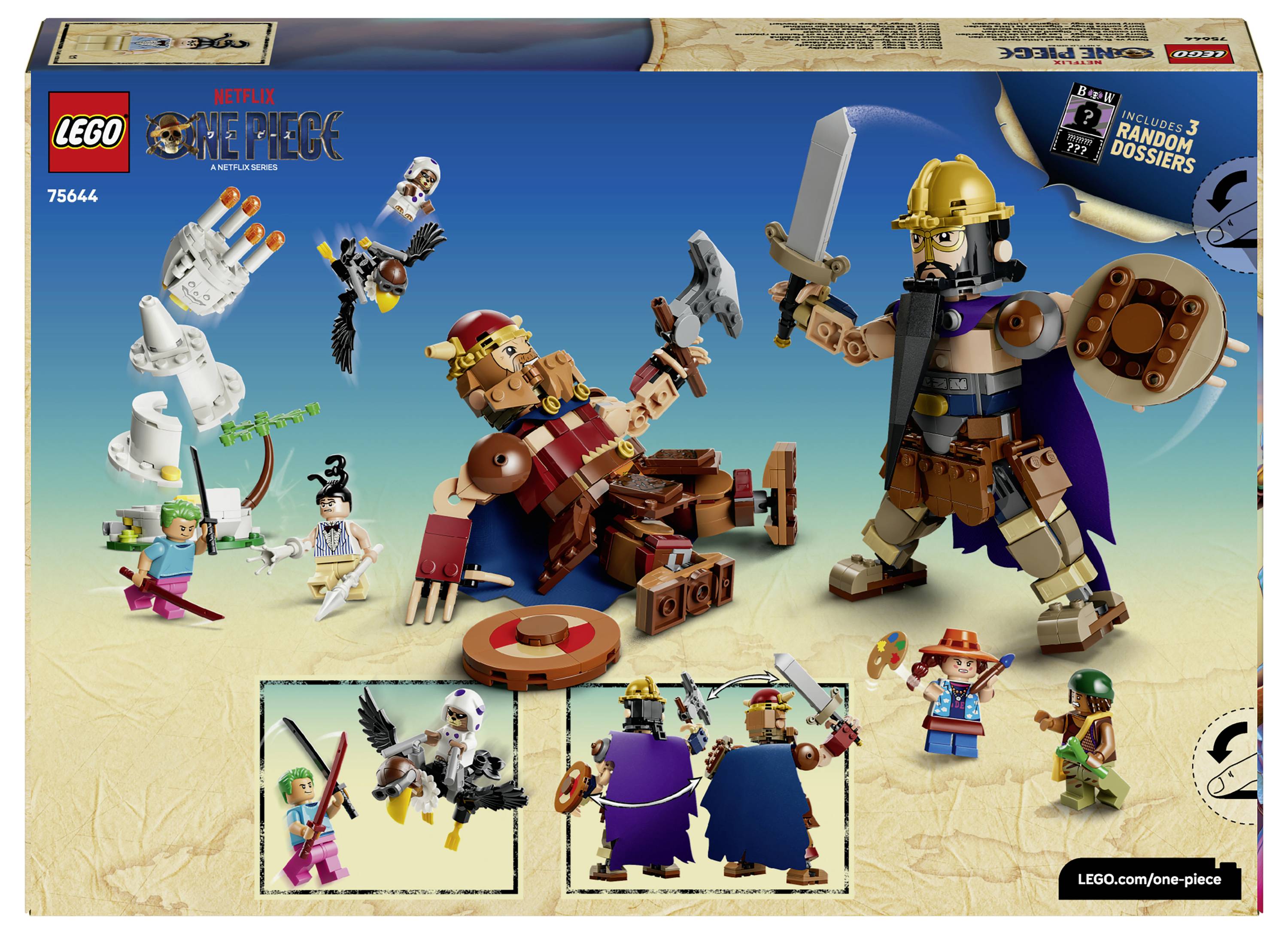 LEGO One Piece souprava se skřínkou s obrázkem zobrazujícím pouštní bitvu s minifigurkami a velkým ozbrojovaným mečem, označená jako "RANDOM DOSES"