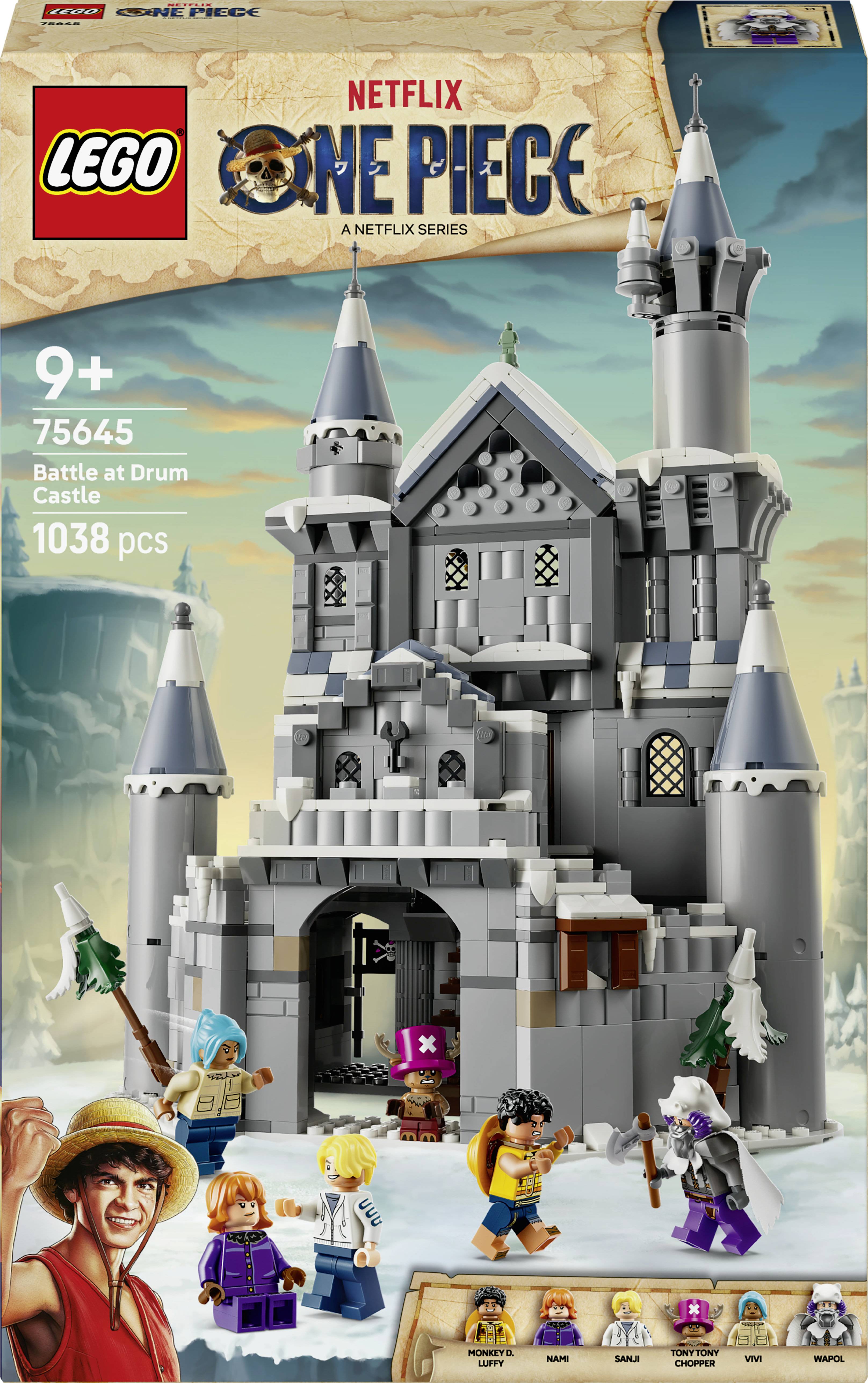 LEGO One Piece souprava „Bitva na Drum Castle" se zobrazením šedého hradu a pěti minifigurkami na obalu, věk 9+, 1038 dílků.