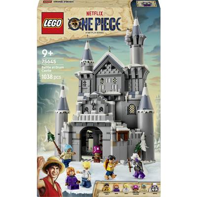 LEGO One Piece souprava „Bitva na Drum Castle" se zobrazením šedého hradu a pěti minifigurkami na obalu, věk 9+, 1038 dílků.