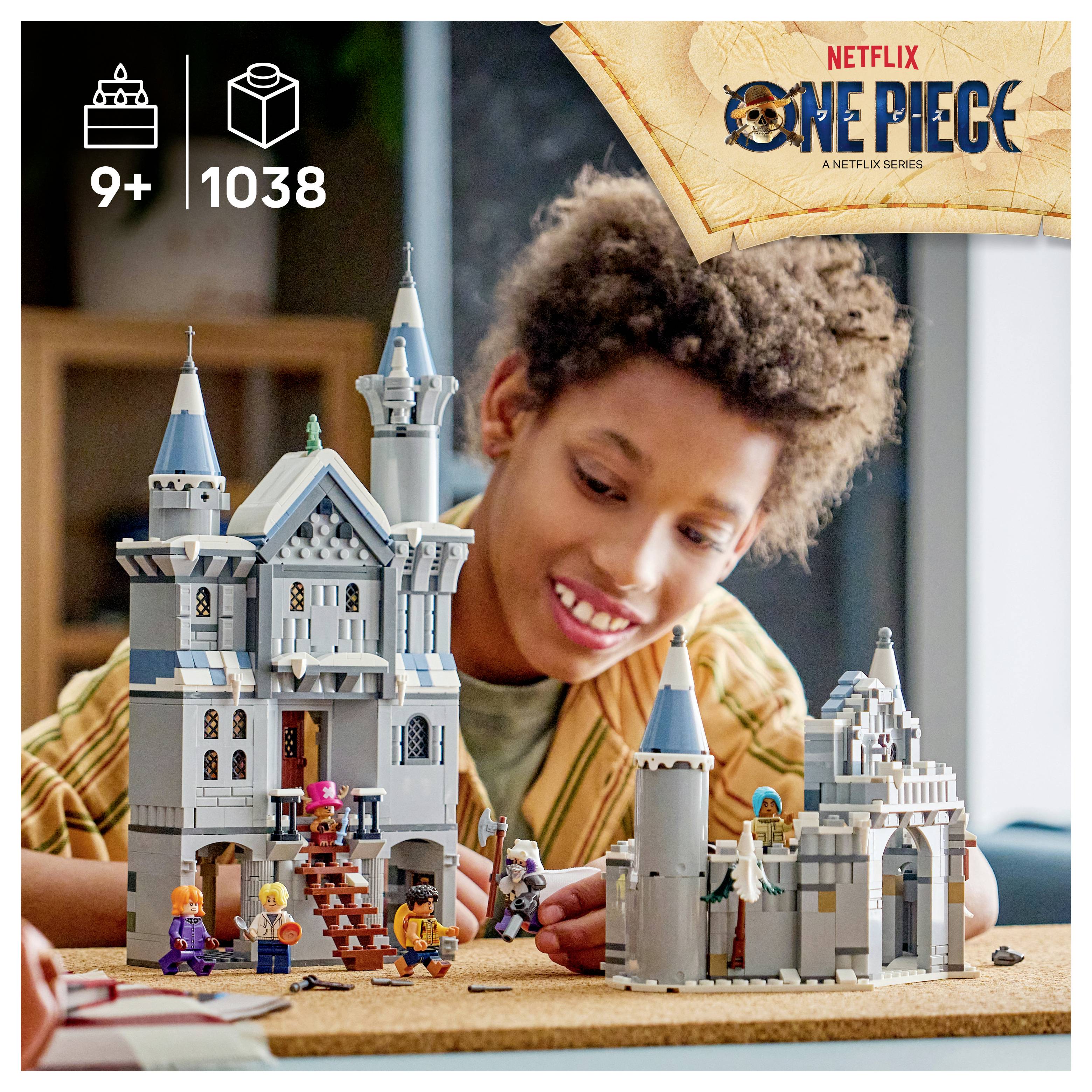 Dítě si hraje se sadou LEGO-styl One Piece hrad s 1038 kusy, s minifigurkami a věkovým omezením "9+".