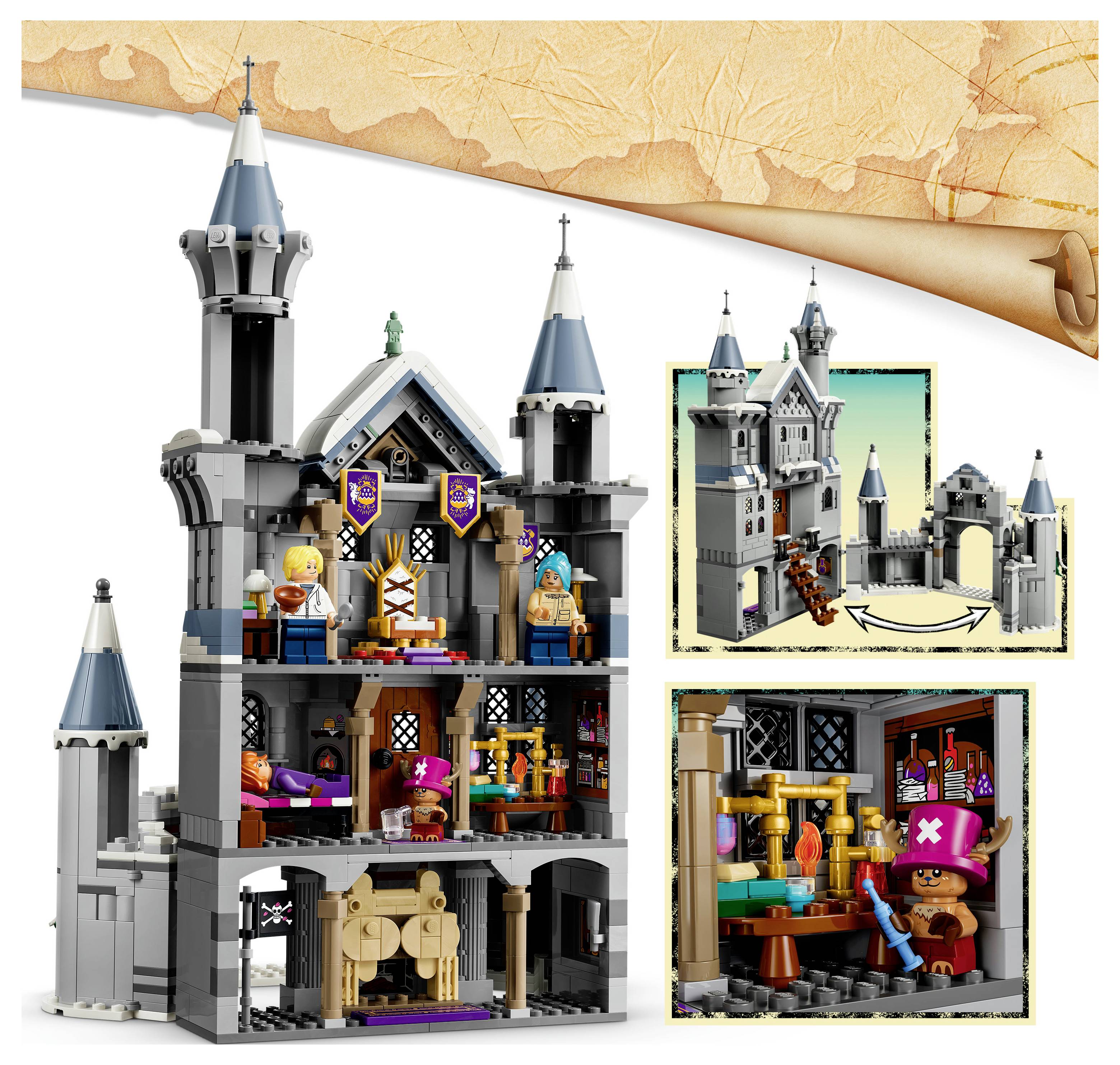 Sada LEGO hradu zobrazená v sestavené podobě se třemi zvětšenými pohledy znázorňujícími interiérové místnosti, otevírací sekce a scénu s pirátskou minifigurkou.