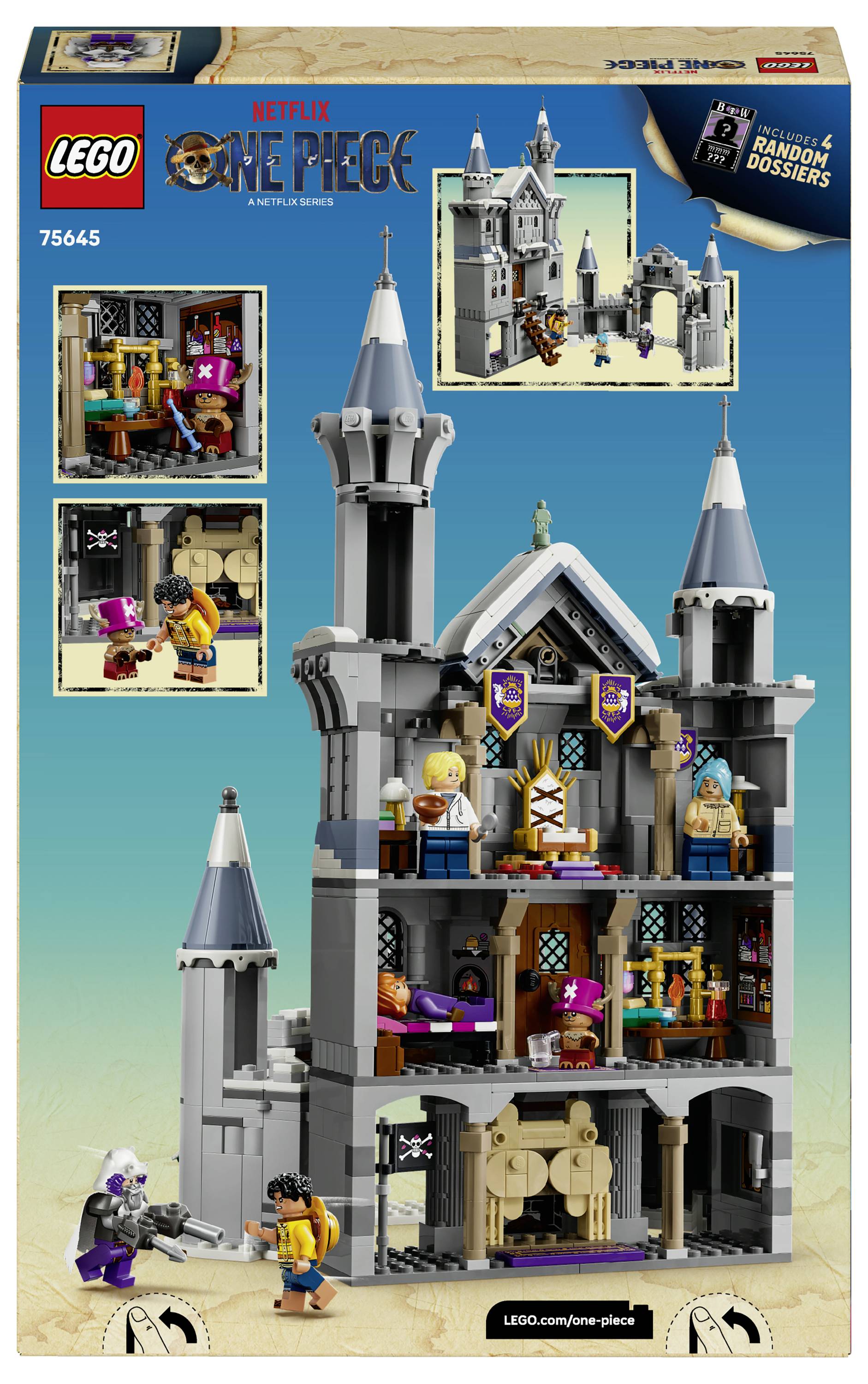 LEGO One Piece sada v krabici zobrazující šedý hrad s minifigurkami a herními prvky s vloženými scénami modelu a postav.