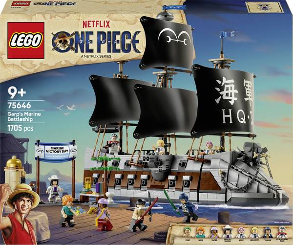 75646 LEGO® ONE PIECE Garps Marineuschiff; stavebnice s 8 minifigurami pro válečné hry; fanoušek pro virtuální realitu One PIECE; dárek pro děti od 9 let