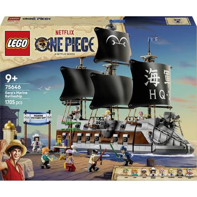 LEGO One Piece sada v krabici s obrázkem pro „Garpovu válečnou loď námořnictva" od 9 let, sada 75646, 1705 dílků, zobrazující námořnickou loď s minifigurkami a značkou One Piece.