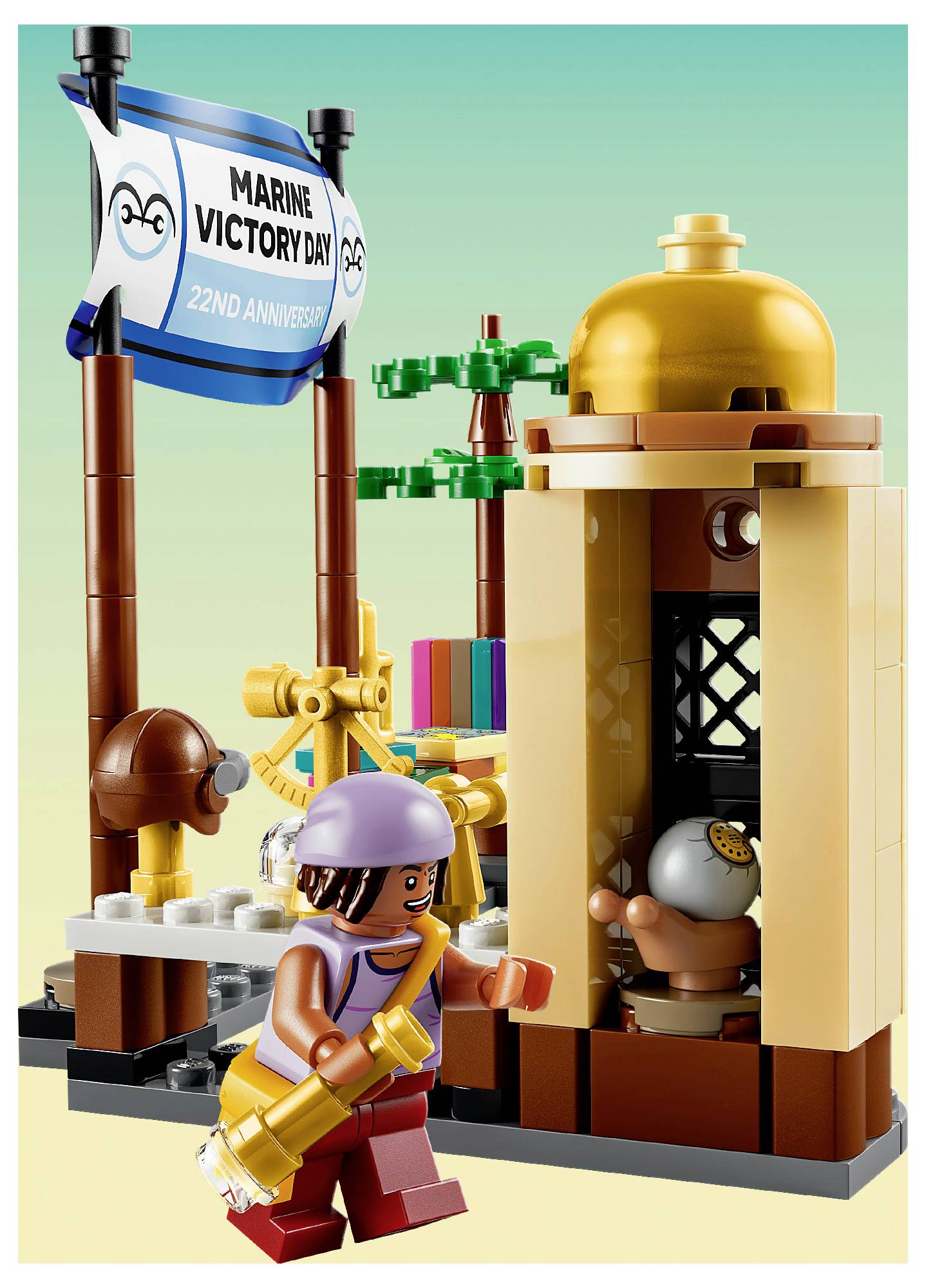 LEGO-stylová scéna s vlajkou na Den vítězství námořnictva vedle malé svatyně nebo kiosku a minifigurkou procházející kolem a несoucí předmět.