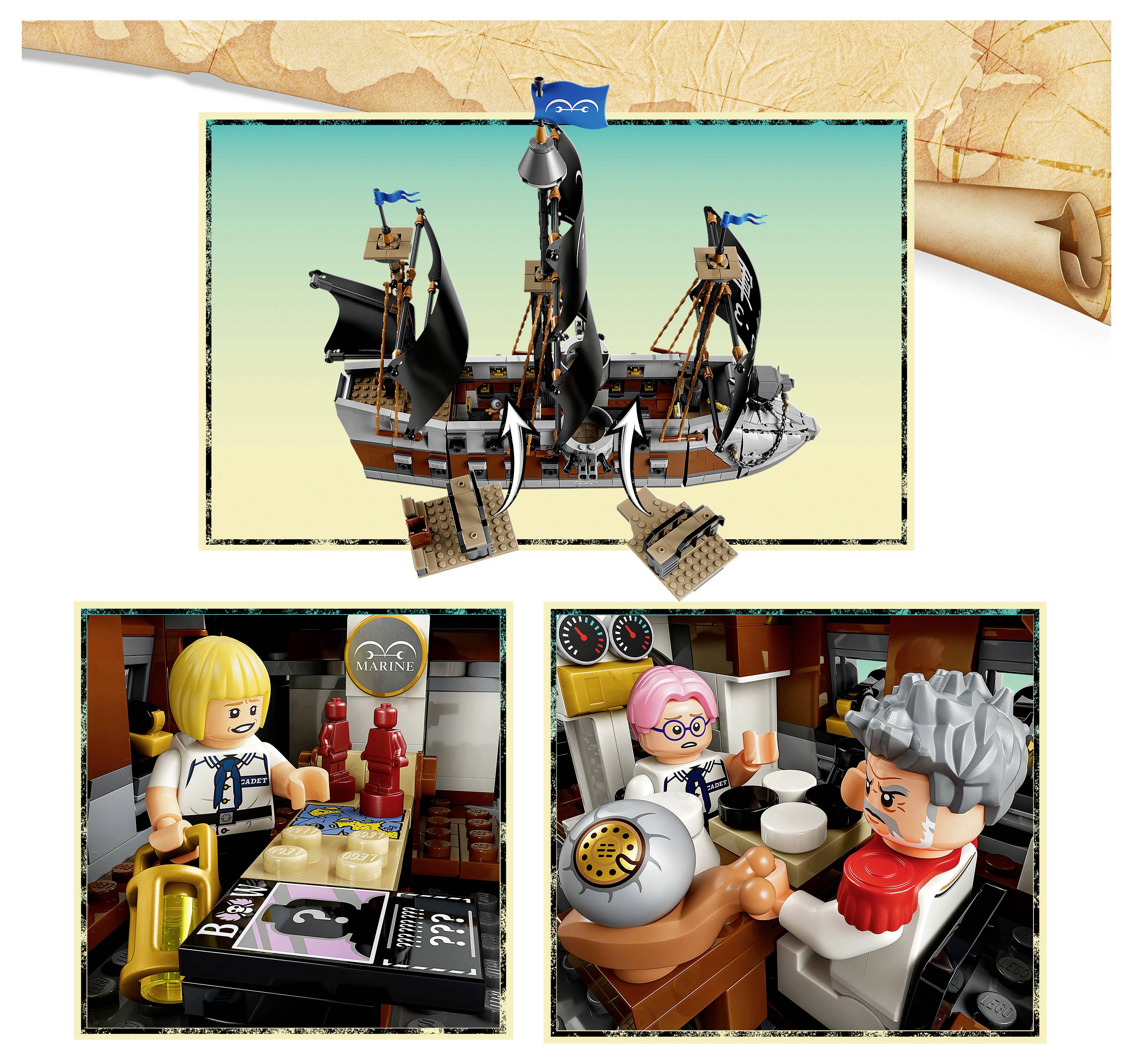 Komiksová koláž s LEGO pirátskou lodí a dvěma scénami níže: blond člena posádky u stolu a osoba s růžovými vlasy, která mluví se šedovlasým pirátem v kabině.