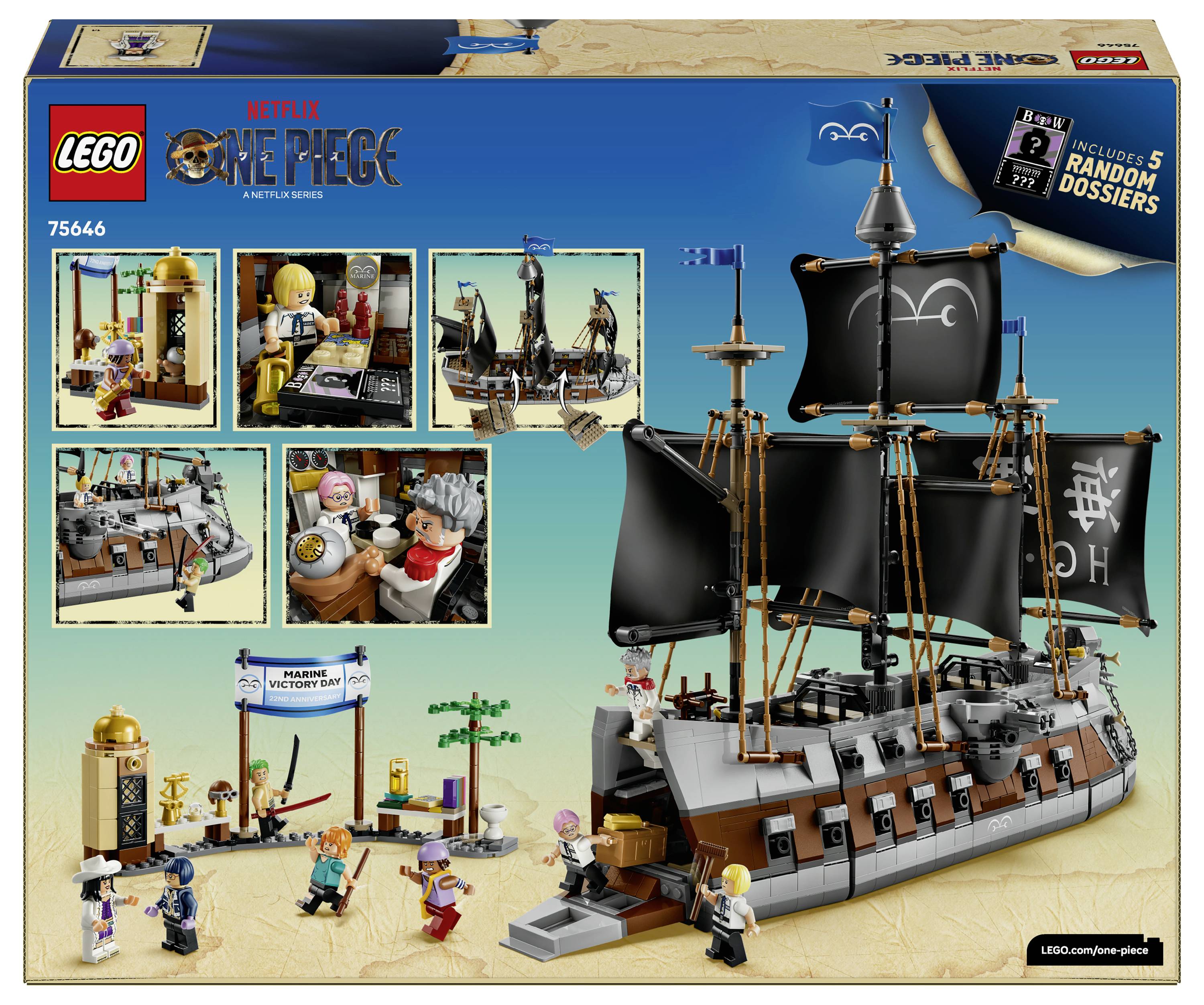 LEGO One Piece pirátská loď - boxart sady zobrazující loď, minifigurky a malé scénické vignety, označené "Netflix One Piece" a "7 náhodných dosierů".
