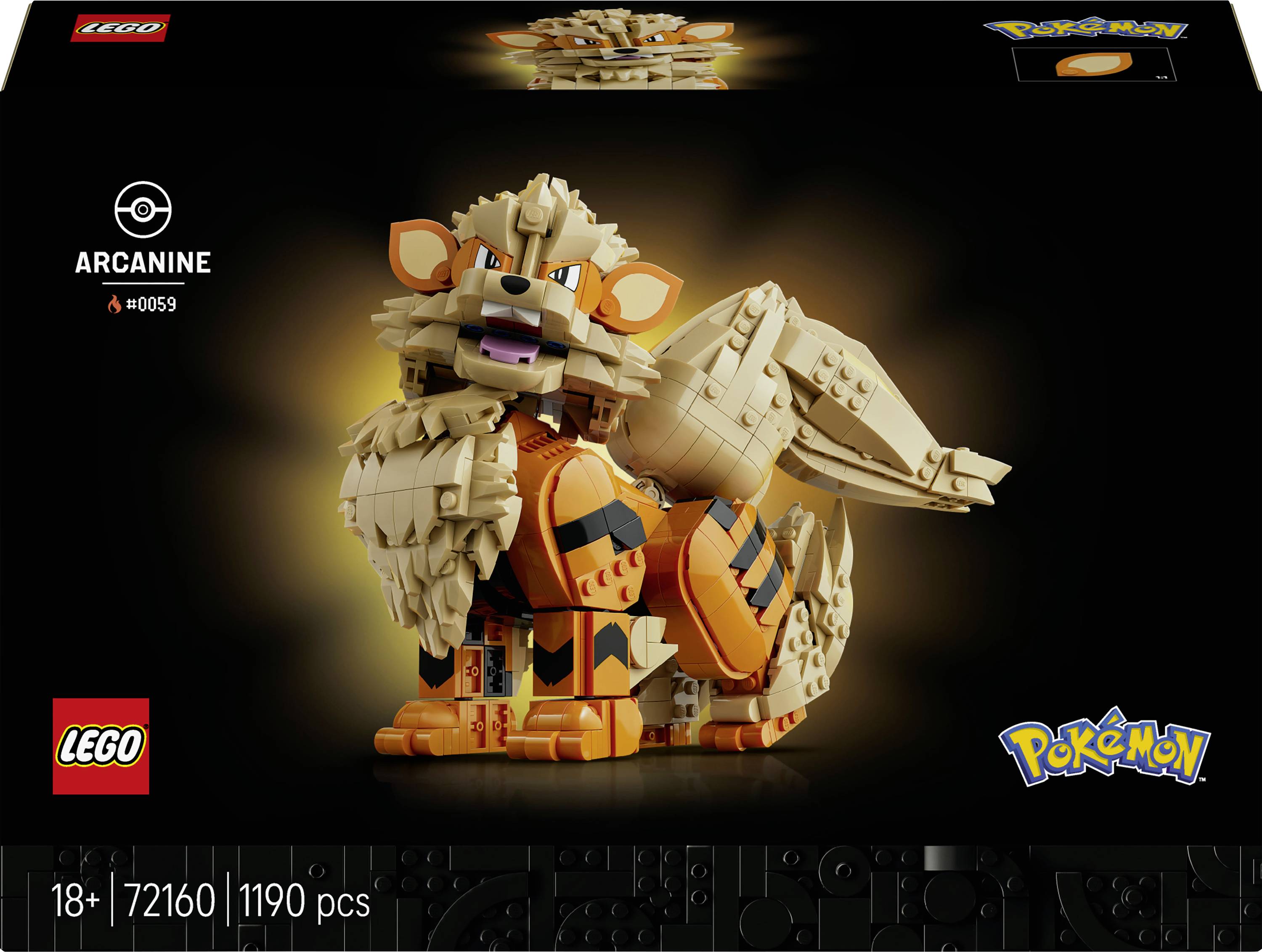 Krabice sady LEGO Pokémon Arcanine se zobrazením figurky Arcanine postaveného z kostek; označeno 'Arcanine' a '#0059', od 18 let, sada 72160, 1190 dílků.