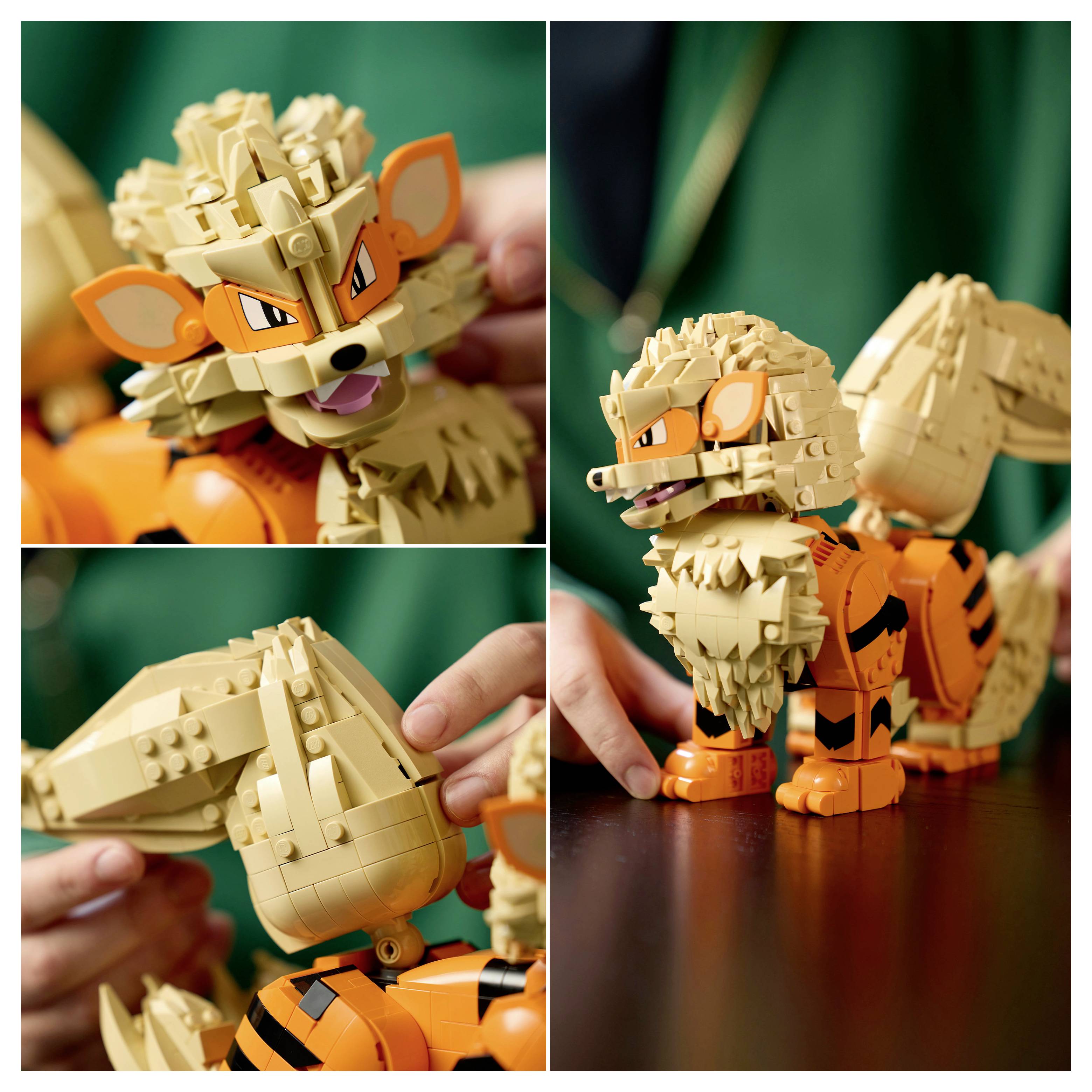 Model tygra v stylu LEGO v oranžové a béžové barvě je skládán a prezentován v detailních pohledech s rukama upravujícími postavu vytvořenou z kostek.