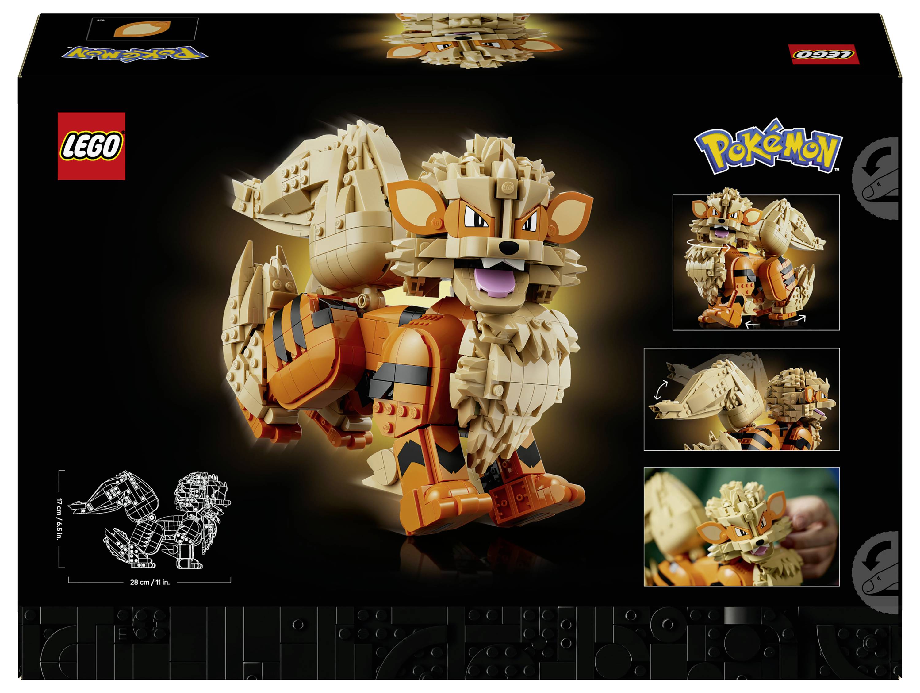 LEGO Pokémon obal "Arcanine" znázorňující stavitelnou figurku Arcanine se třemi menšími náhledovými obrázky a logem LEGO/Pokémon.