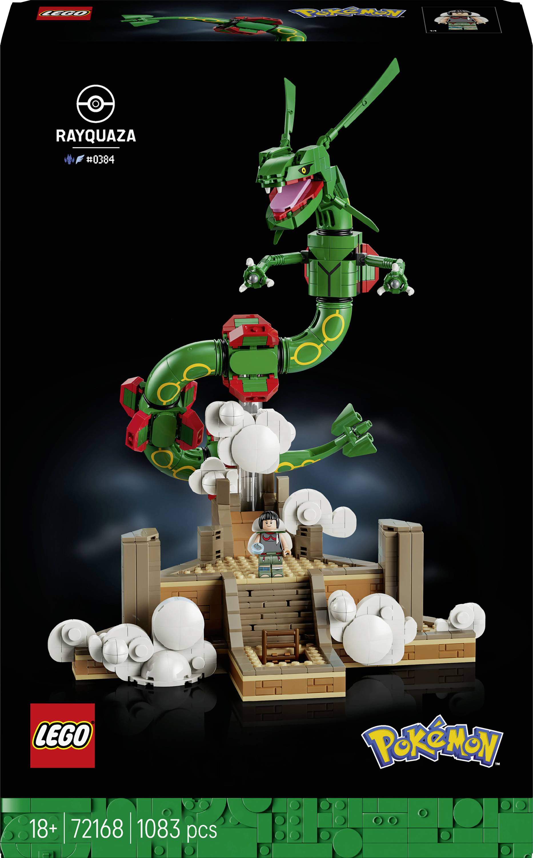 Krabice stavebnice LEGO Pokémon Rayquaza zobrazující zelenou figurku Rayquazy nad dřevěným bojovým podstavcem, sada 72168, 1083 dílků, věk 18+
