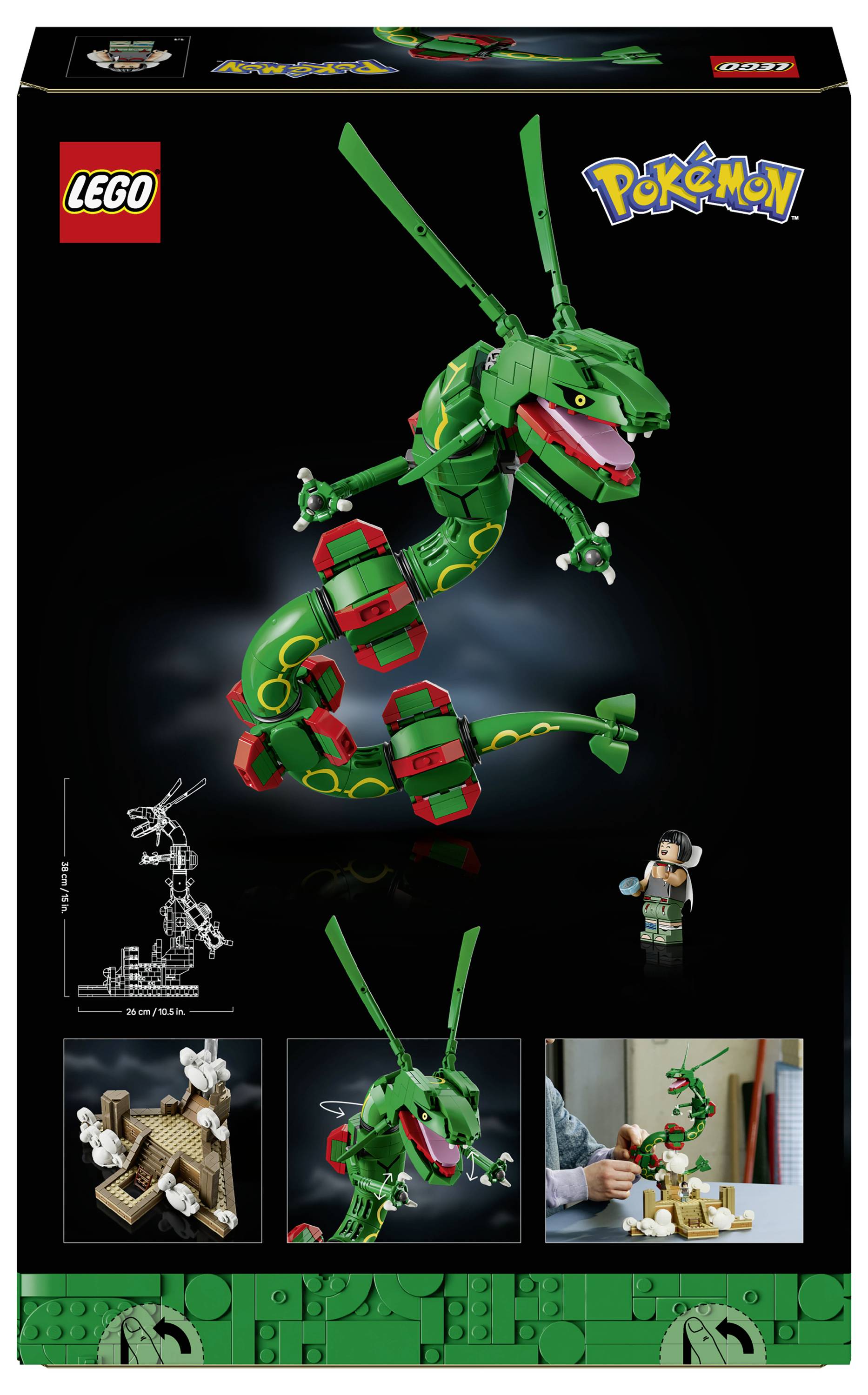 LEGO Pokémon Rayquaza stavebnice s obalem zobrazujícím zelený modelů připomínající draka Rayquazu, s logem LEGO a Pokémon a malými vloženými obrázky stavby.