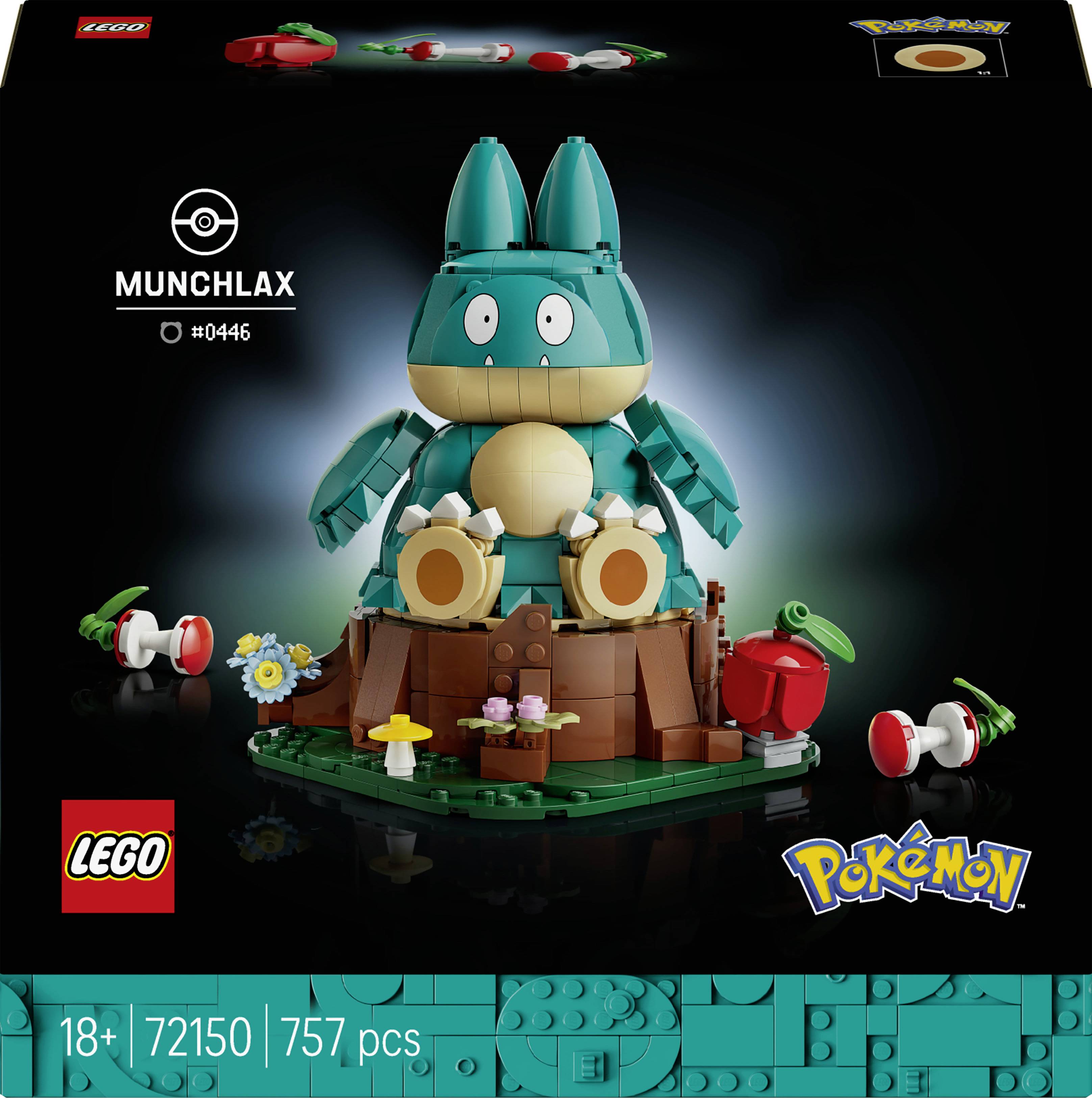 LEGO Pokémon sada „Munchlax" č. 0446, zobrazující figurku Munchlaxe k postavení na malé travnaté bázi s bobulemi a houbami; sada 72150, 757 dílů, věk 18+