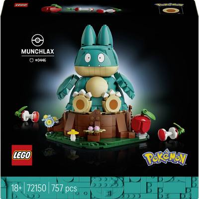 LEGO Pokémon sada „Munchlax" č. 0446, zobrazující figurku Munchlaxe k postavení na malé travnaté bázi s bobulemi a houbami; sada 72150, 757 dílů, věk 18+