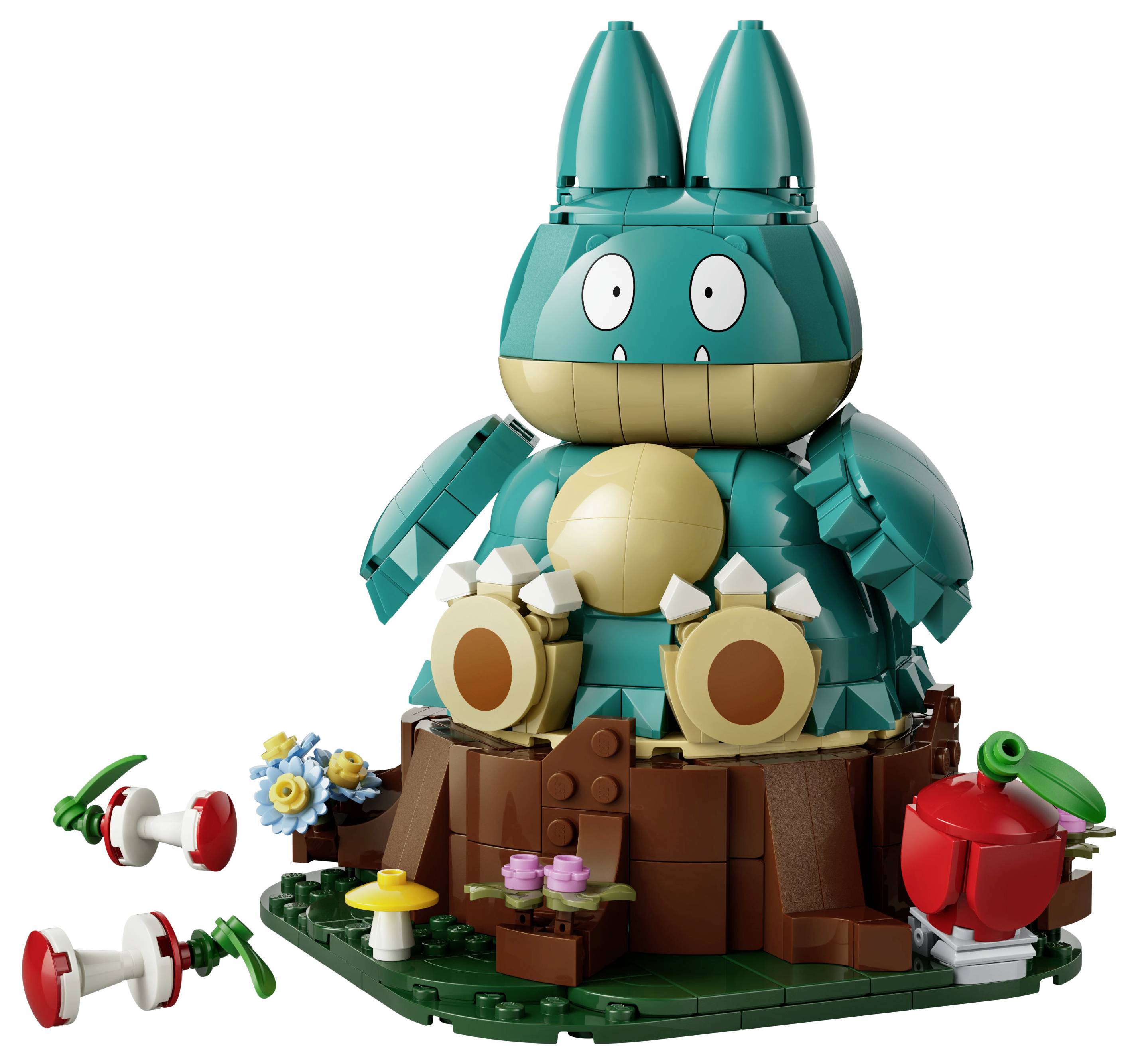 LEGO-style tyrkysová kreslená bytost s velkýma očima sedí na pařezu stromu, obklopena malými květinami a červeno-bílými houbami.