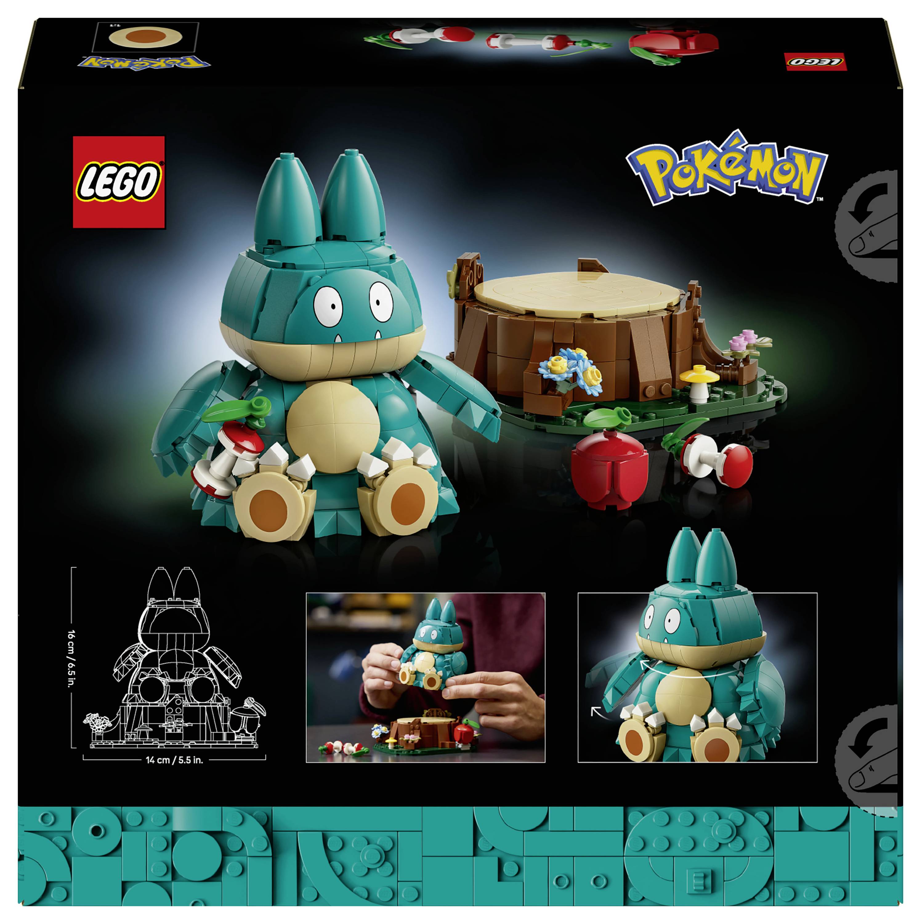 LEGO sada Pokémon na krabici znázorňující tyrkysovou figurku Quagsire vedle platformy s kůlem a květinami, doplněnou o náčrt stavby a fotku v ruce.