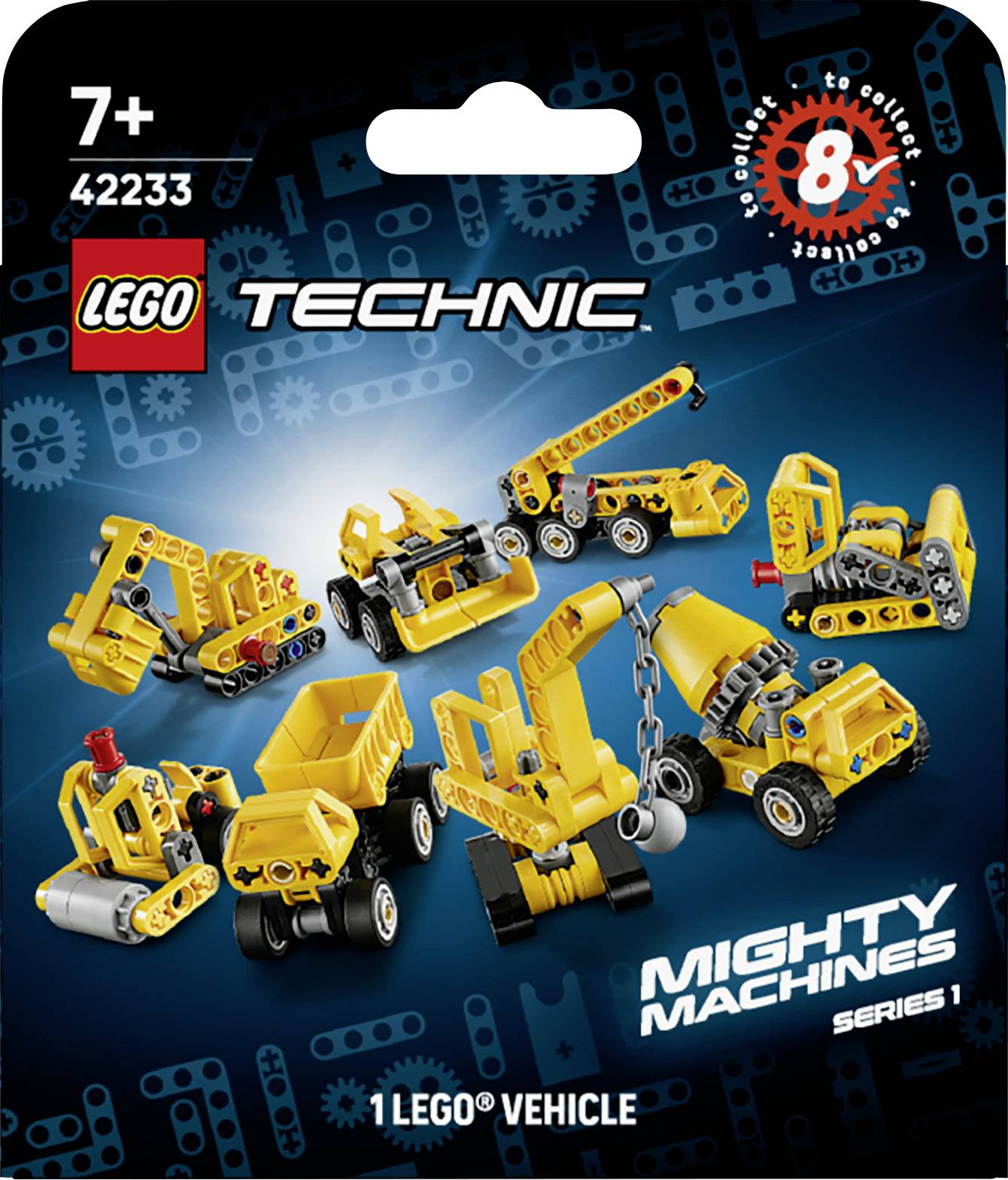 LEGO Technic „Mohutné stroje" Série 1 balení sady zobrazující šest žlutých stavebních vozidel; věk 7+, sada 42233, 8 modelů.