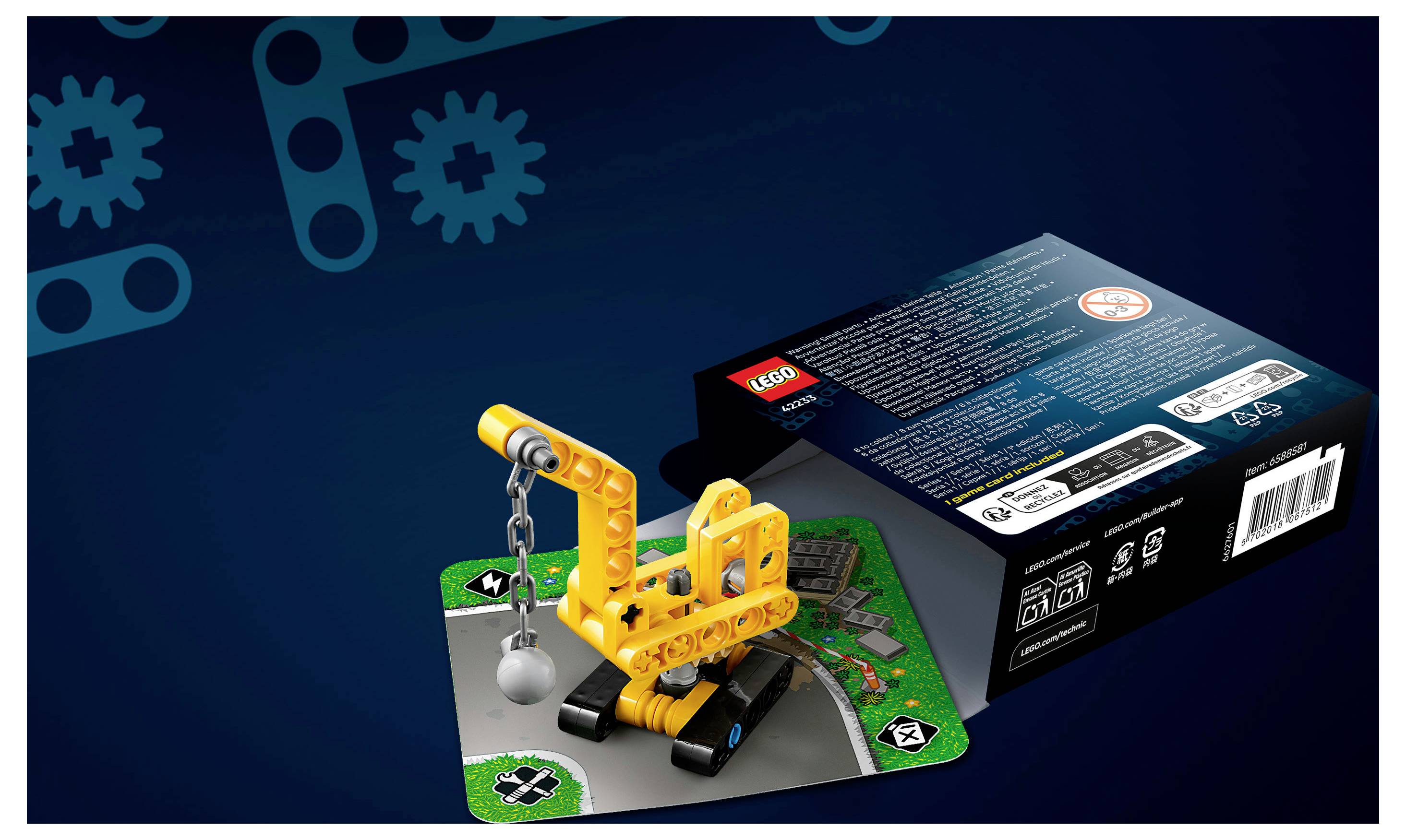 LEGO Technic sada v krabici se žlutým modelem jeřábu na zelené podstavě, zobrazenou na tmavě modrém pozadí.