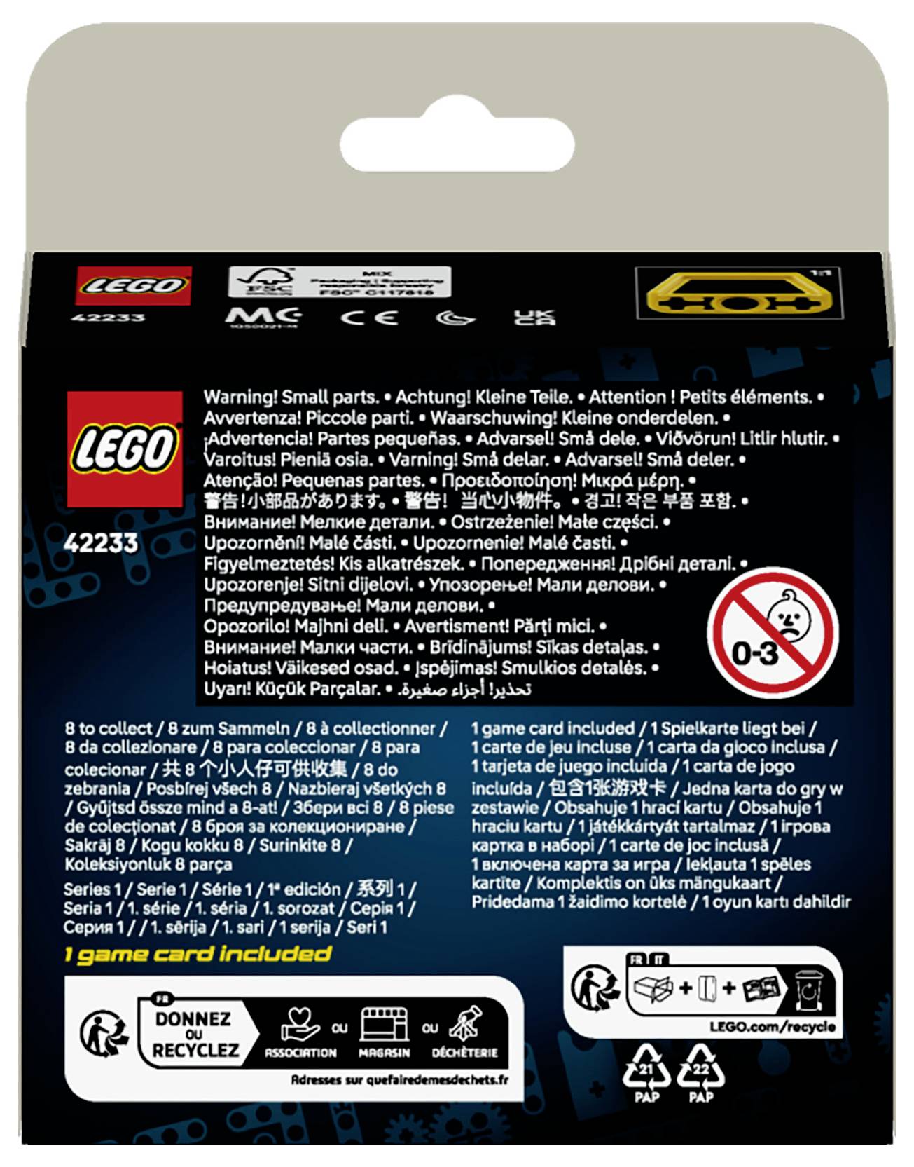 Zpět na balení sady LEGO zobrazující bezpečnostní varování, ikonu nebezpečí pro věk 0-3 let, vícejazyčný text a symboly recyklace.