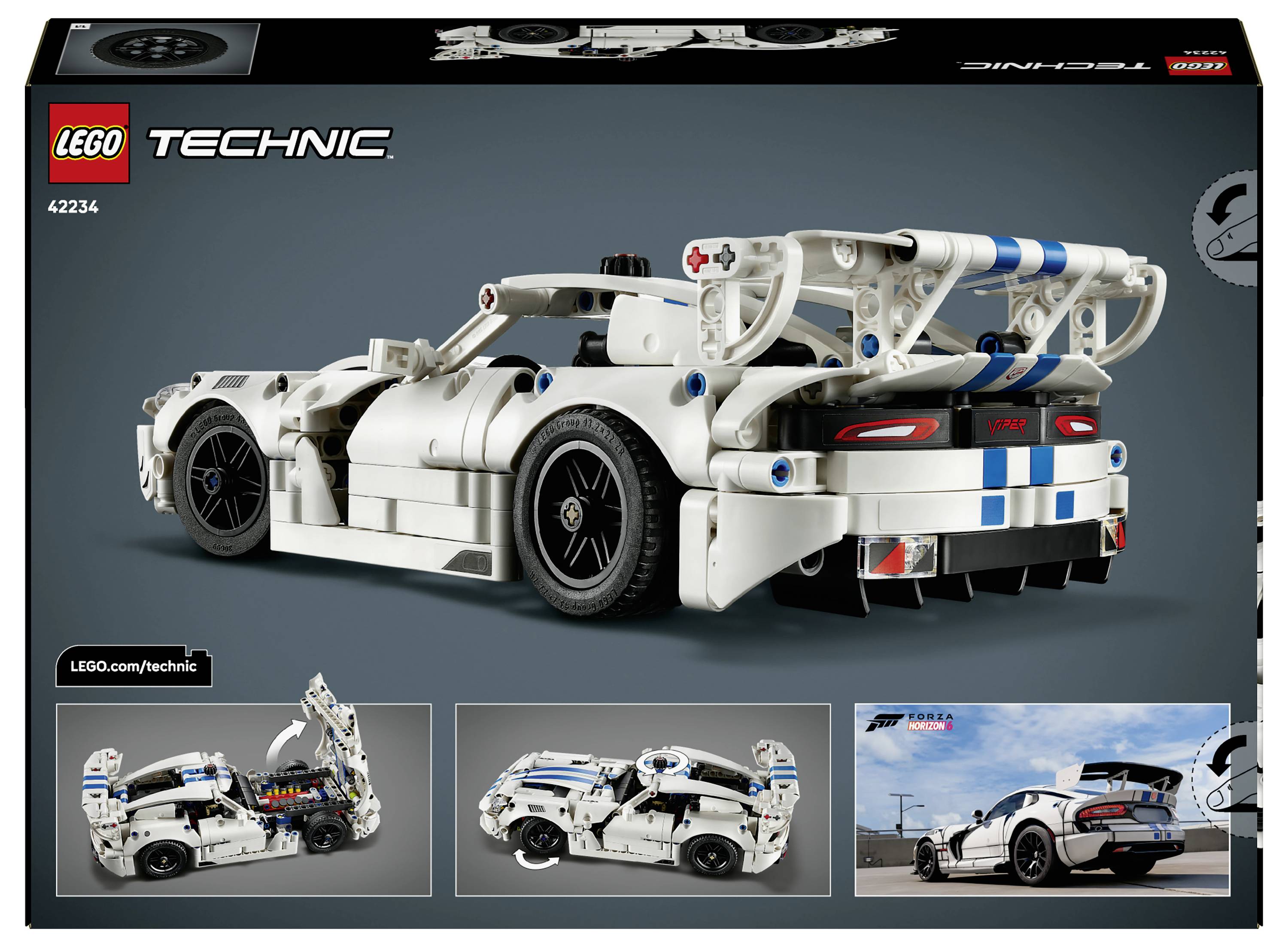 LEGO Technic Porsche 911 GT3 RS modelová krabice zobrazující bílý závodní vůz s modrými akcenty a zadním křídlem, spolu s fázemi stavby a fotografiemi hotového vozu.