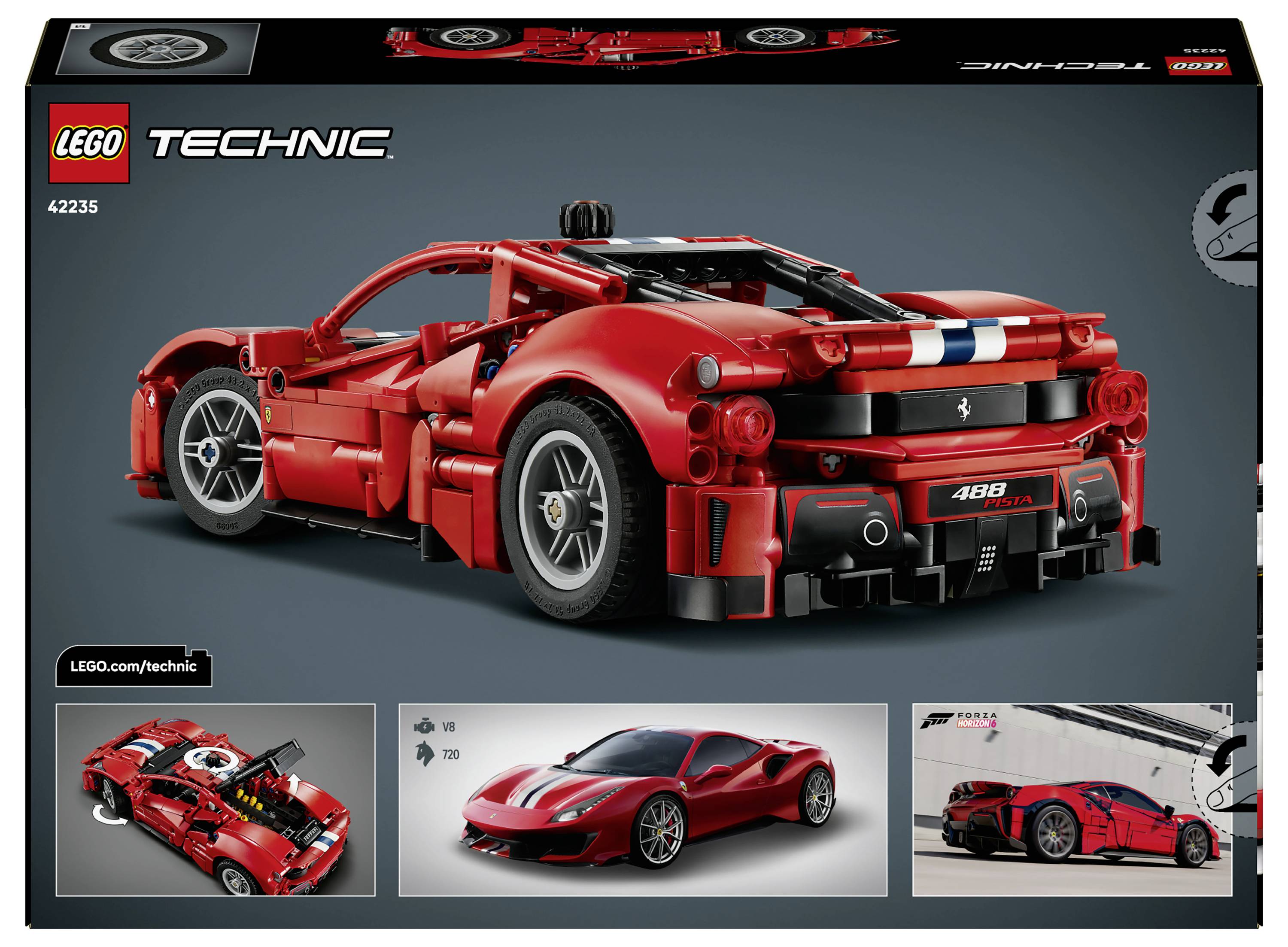 Krabicová grafika stavebnice LEGO Technic 42235 s červeným modelem závodního vozu Ferrari 488 GTE, doplněná o menší alternativní pohledy na stavbu níže.