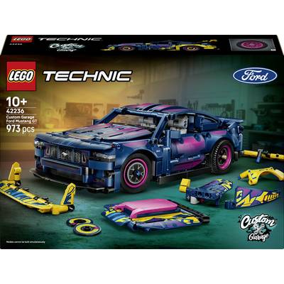 LEGO Technic Ford Mustang „Custom Garage" sada s krabicí znázorňující modrý a růžový model Mustangu s extraCustomními díly; 973 kusů, věk 10+, sada 42236.